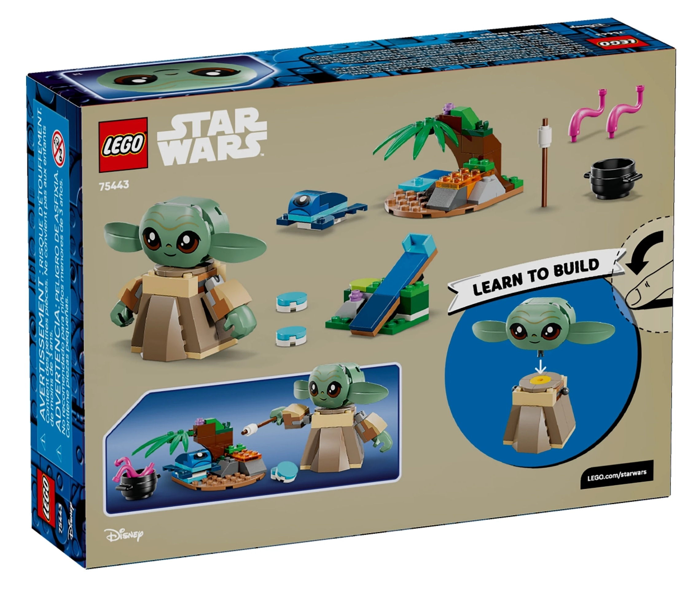 Zestaw LEGO Star Wars z Baby Yodą, drzewkiem i łódką.