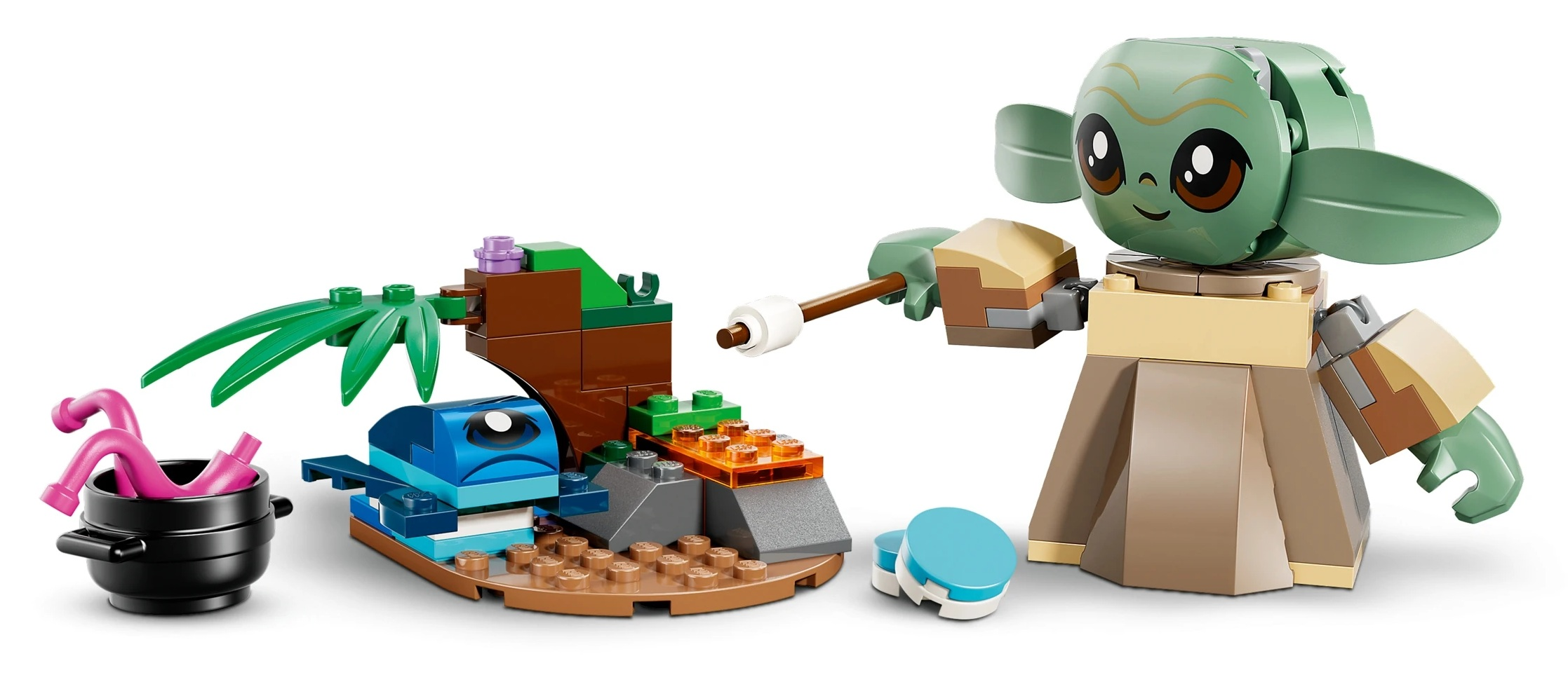 Lego Baby Yoda z pianką, kurczakiem i garnkiem różowego makaronu.