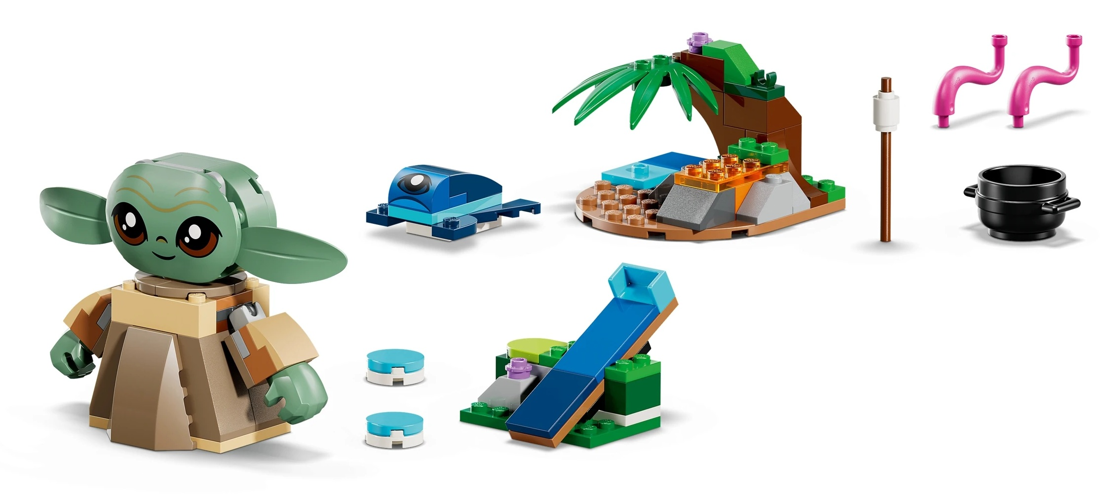 Zielona postać Lego w brązowej szacie, niebieski żółw, drzewo, zjeżdżalnia, patyk z pianką i czarny garnek.