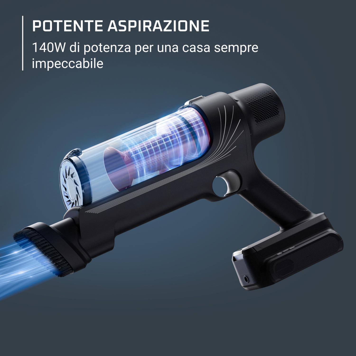 Aspirapolvere nero portatile con aspirazione blu e testo.