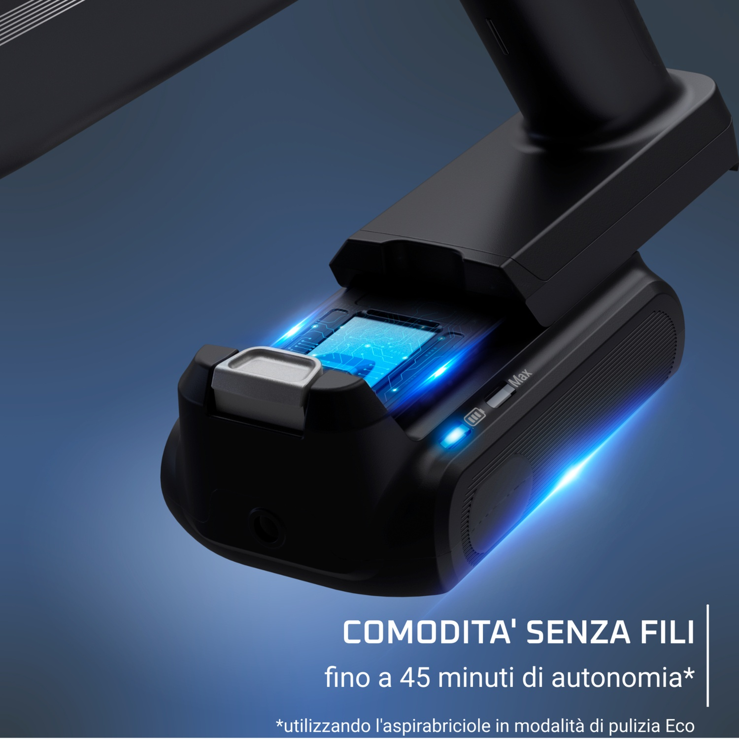Una batteria nera con luci blu inserita in un dispositivo.