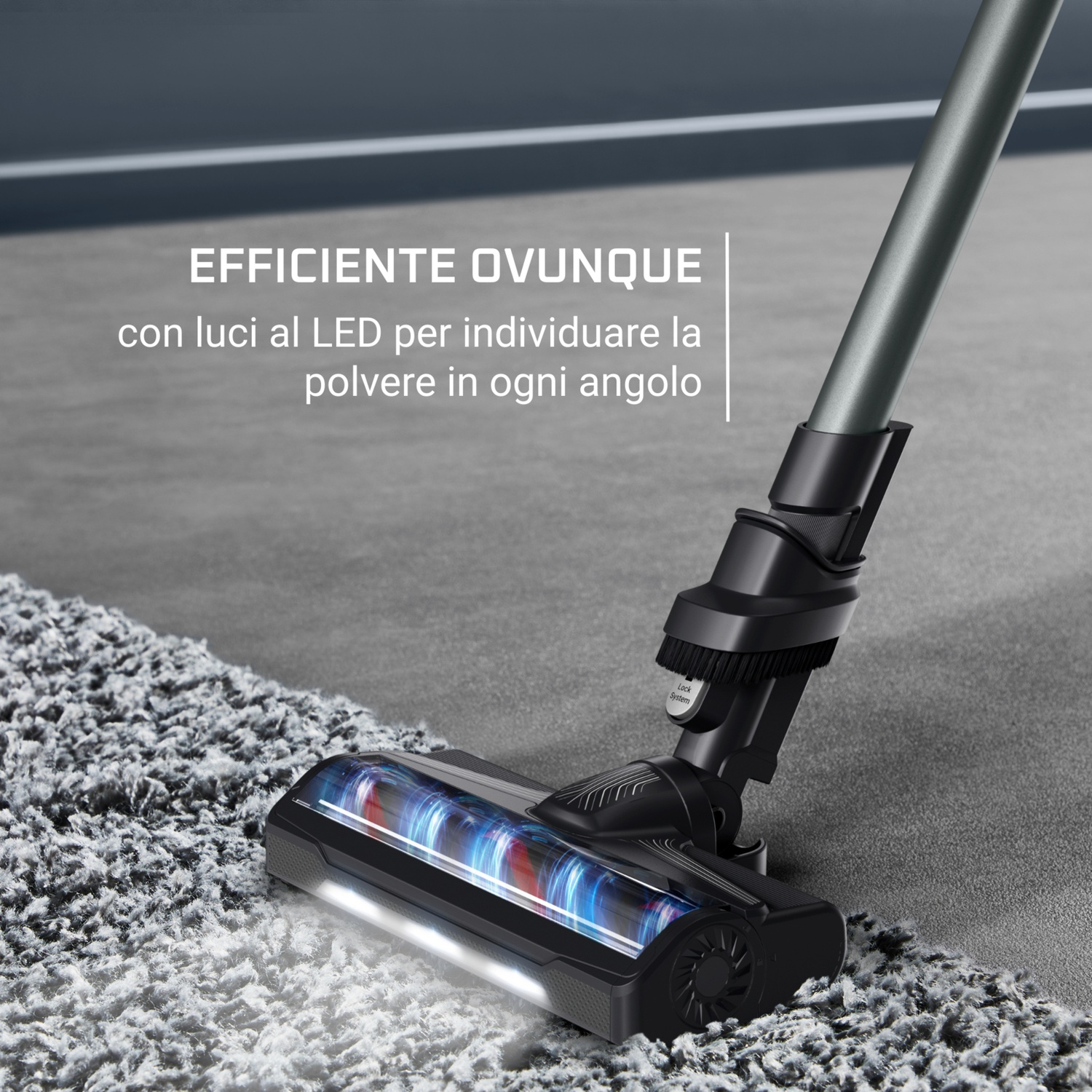 Testina aspirapolvere con LED pulisce tappeto. Rullo spazzola visibile.