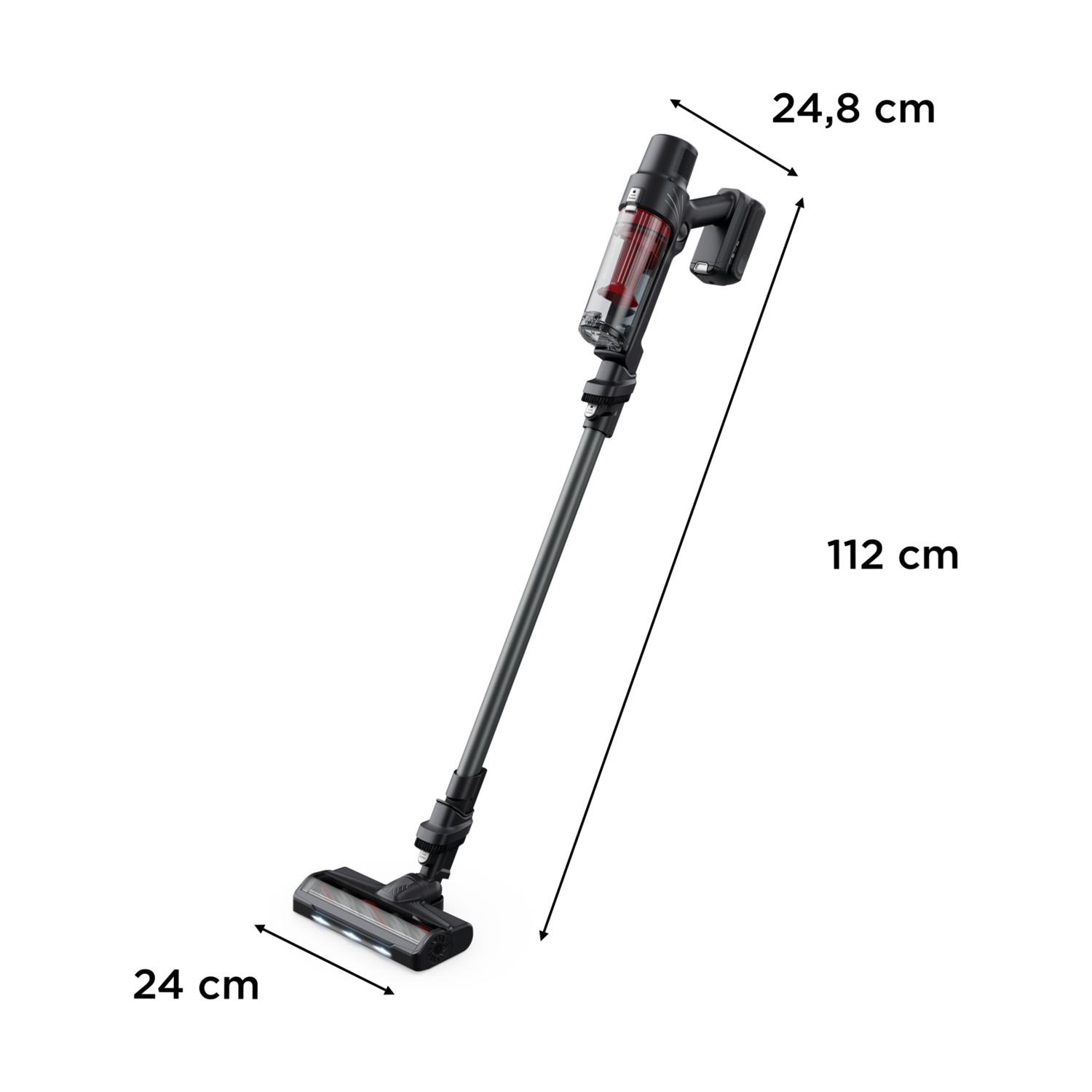 Un aspirapolvere senza fili nero con accenti rossi, lungo 112 cm.