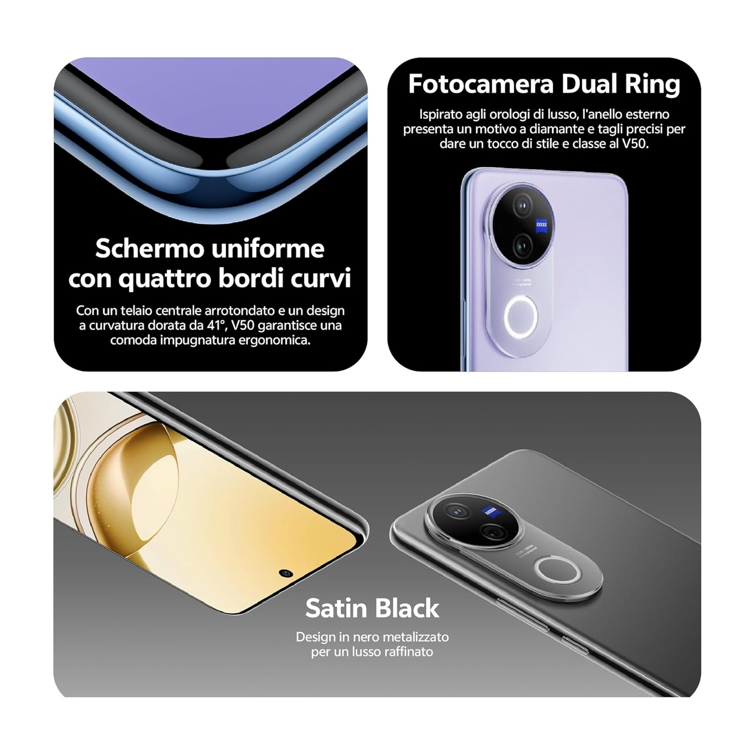 Uno smartphone con schermo curvo e fotocamera dual ring viola e nero.