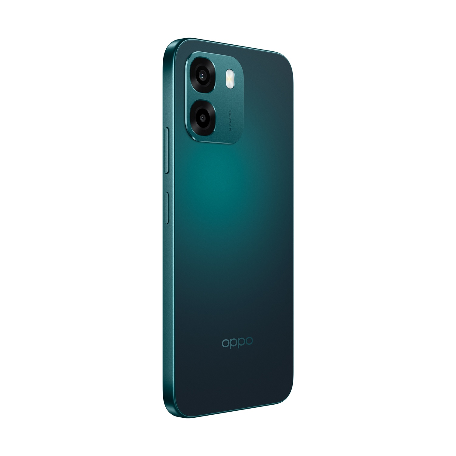 Uno smartphone verde scuro con due fotocamere e logo Oppo su sfondo bianco.
