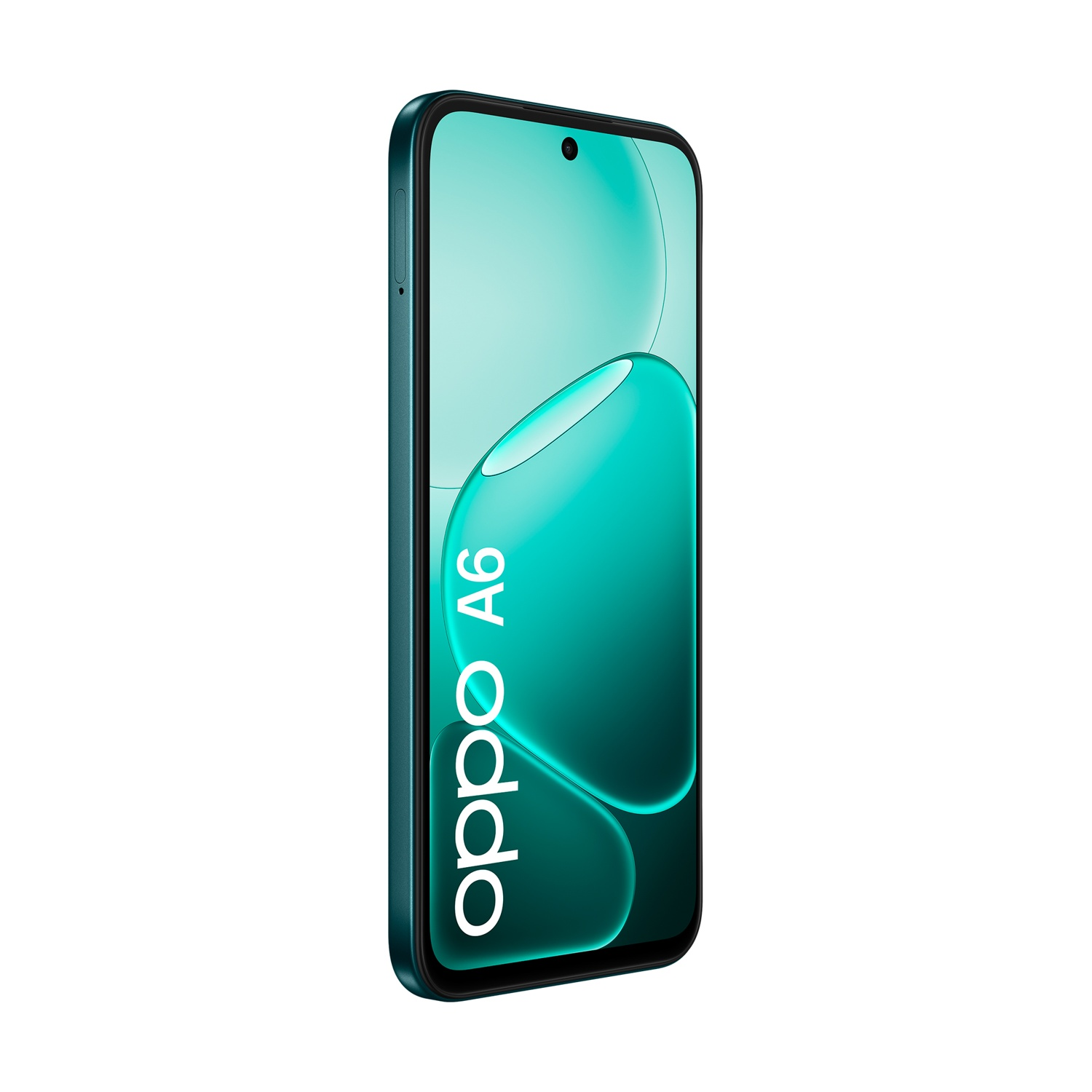 Uno smartphone OPPO A6 color verde acqua con motivo a onde sullo schermo.