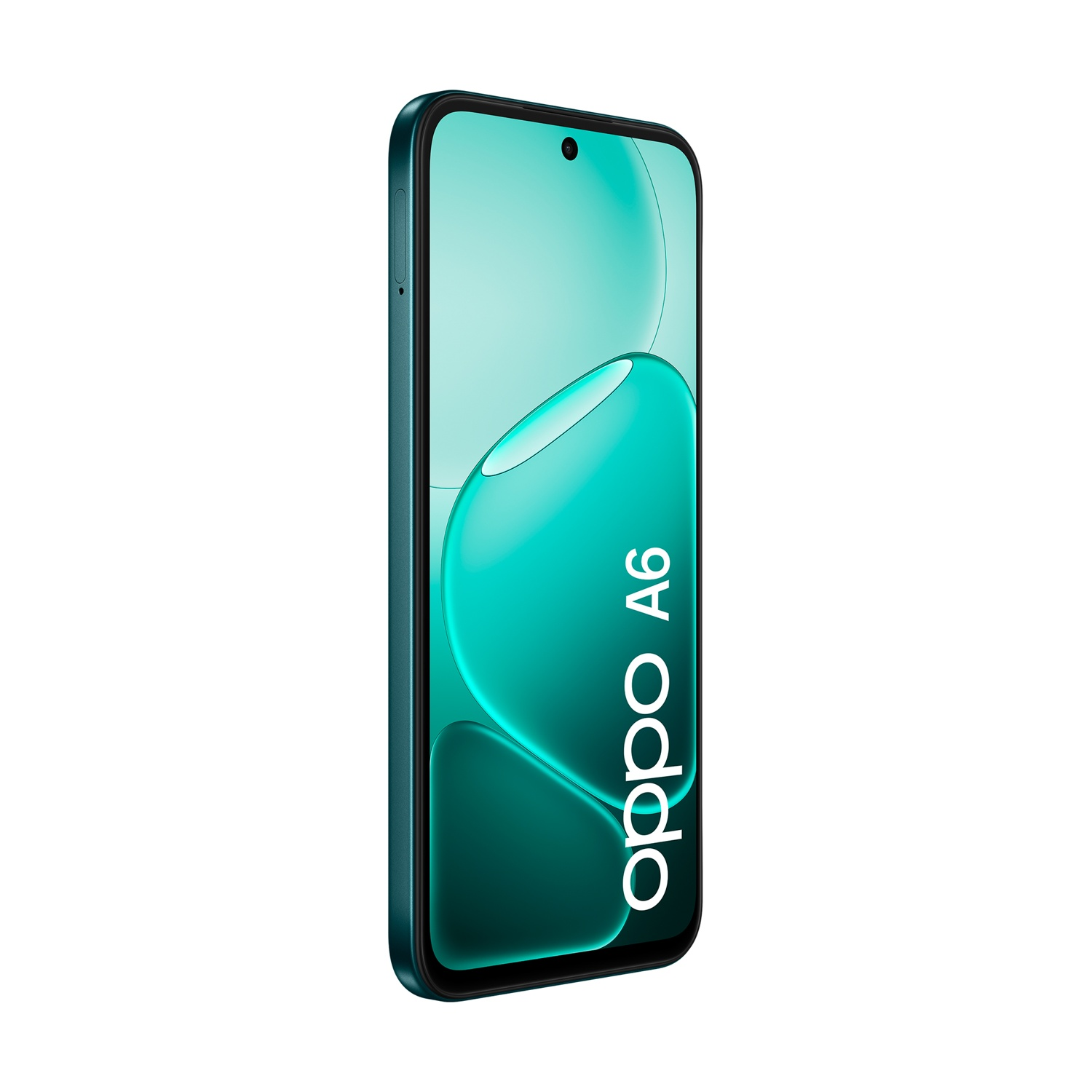 Uno smartphone Oppo A6 color ottanio con motivo a onde sullo schermo.