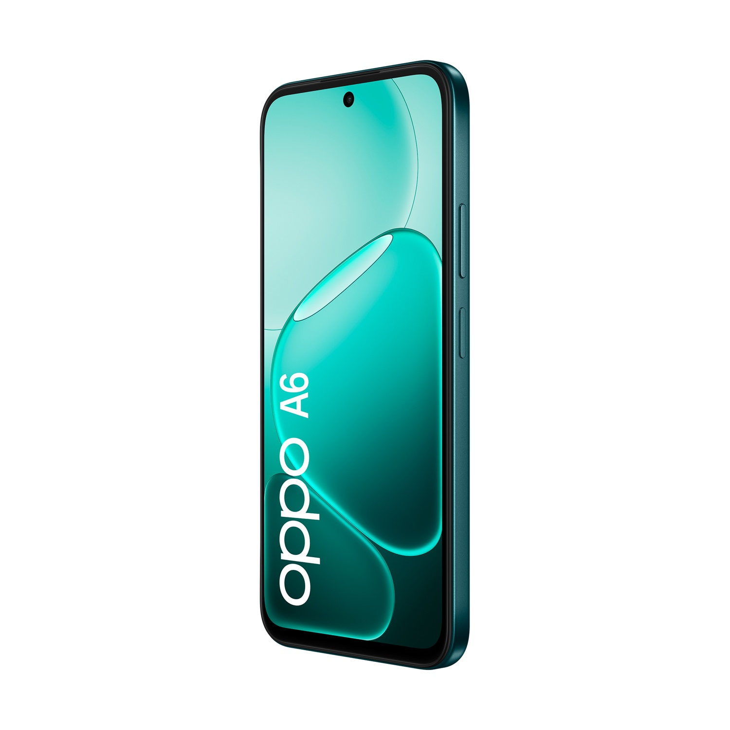 Uno smartphone Oppo A6 verde acqua con marchio verticale.