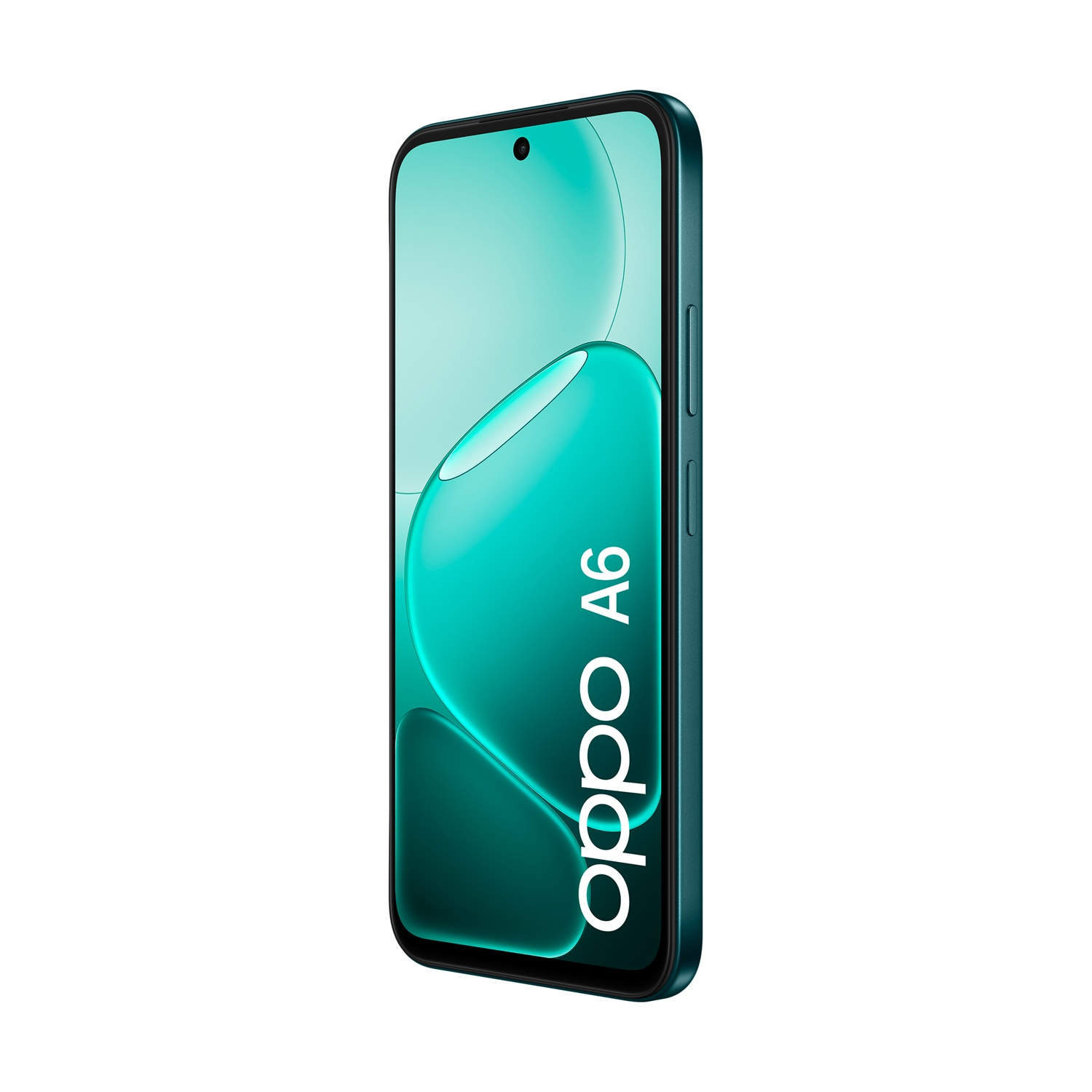 Smartphone Oppo A6 blu scuro con sfondo turchese e ritaglio.