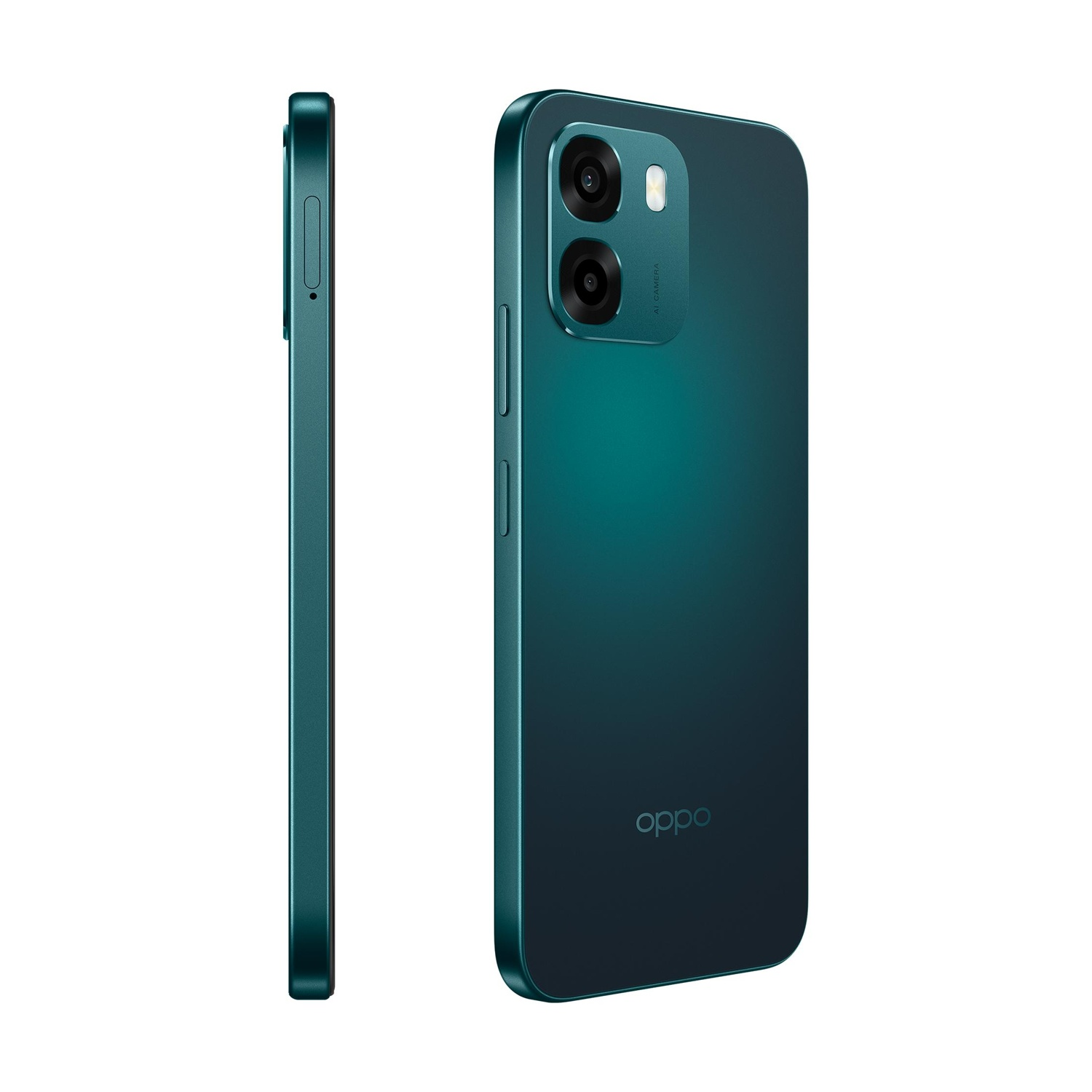 Uno smartphone OPPO verde acqua mostrato frontalmente e lateralmente.