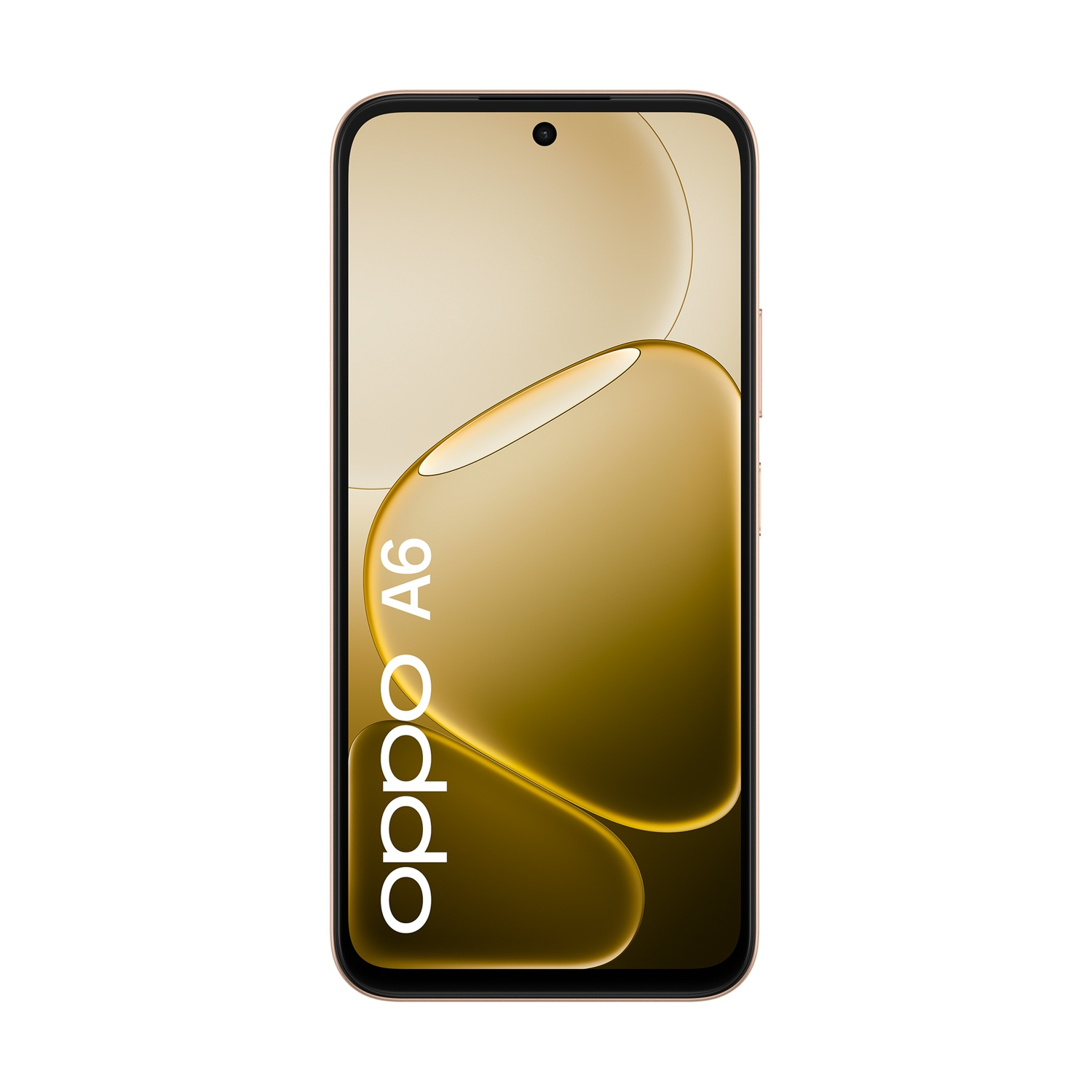 Uno smartphone Oppo A6 dorato con sfondo astratto.