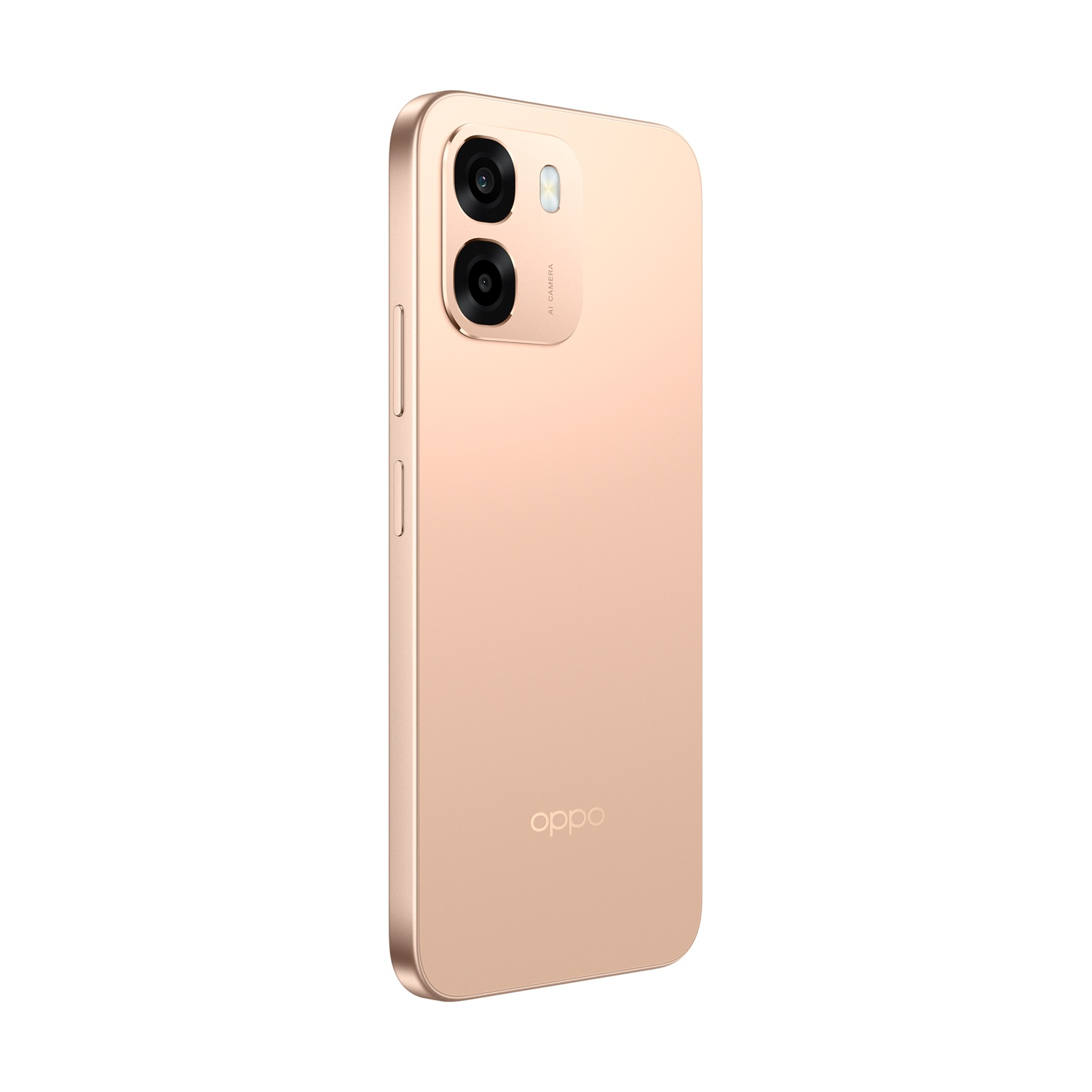 Uno smartphone oro rosa con doppia fotocamera e logo Oppo.