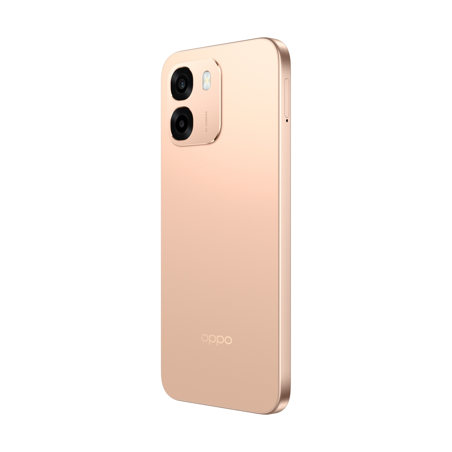 Il retro di un telefono OPPO color oro rosa con due fotocamere e logo.