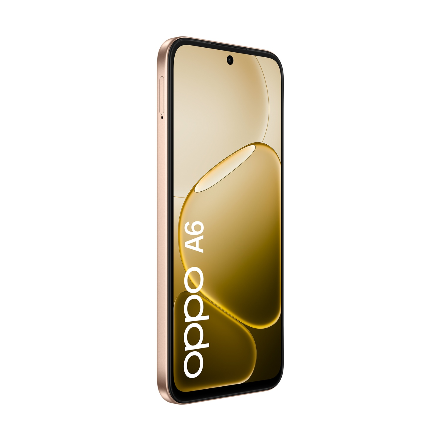 Uno smartphone Oppo A6 dorato con uno sfondo stilizzato.