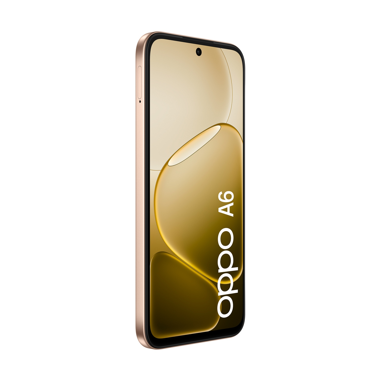 Uno smartphone OPPO A6 dorato che mostra forme organiche sul suo schermo.