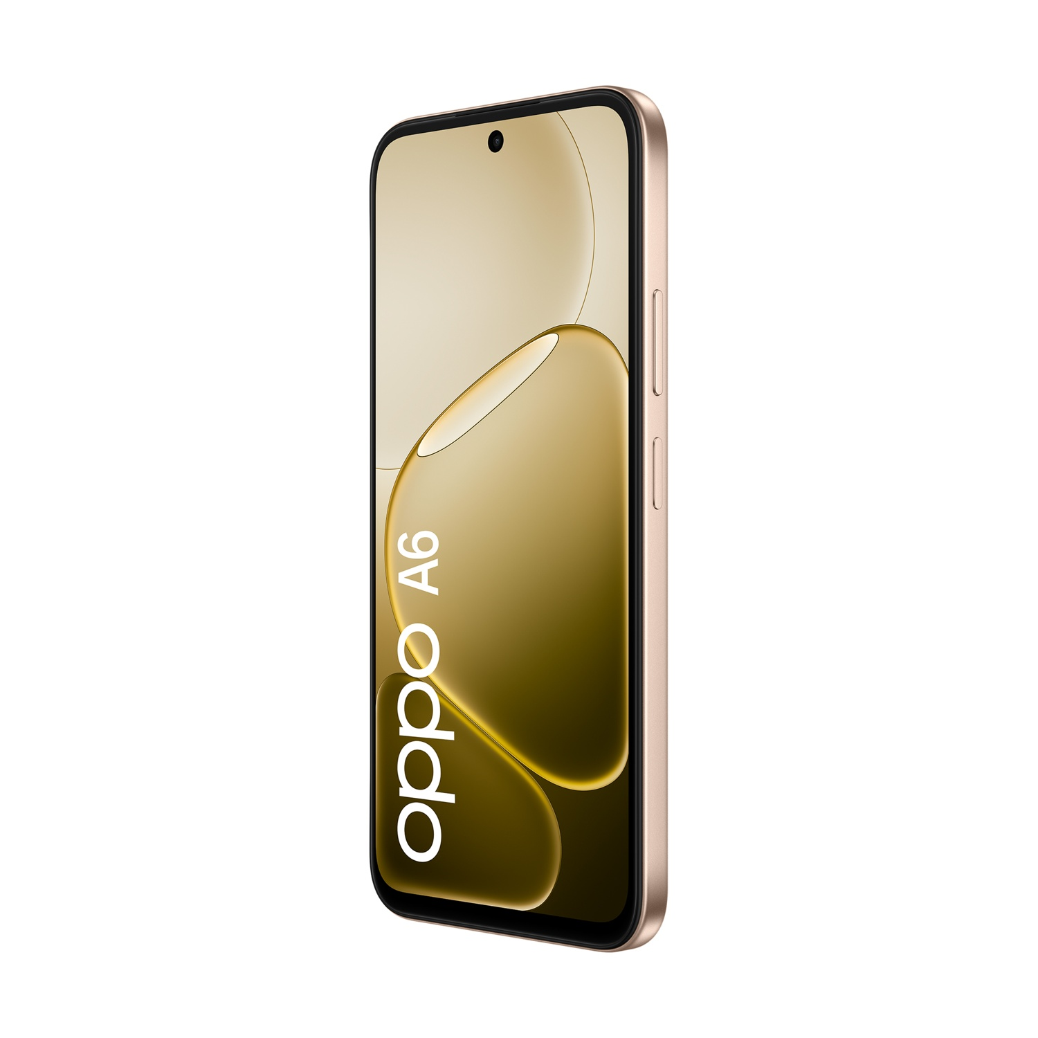 Uno smartphone OPPO A6 dorato con schermo intero e fotocamera a foro.