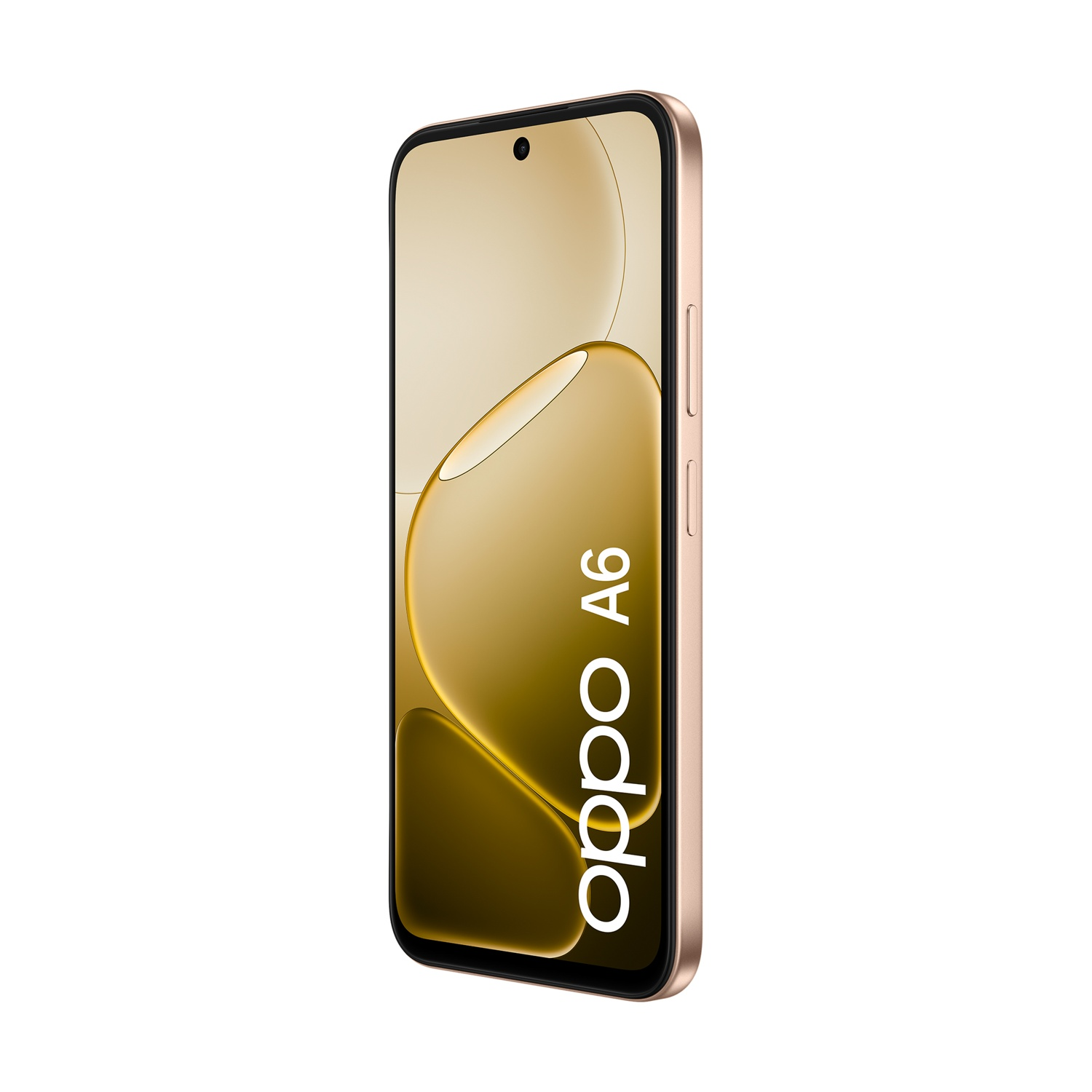 Uno smartphone Oppo A6 color oro rosa con motivo dorato vorticoso.