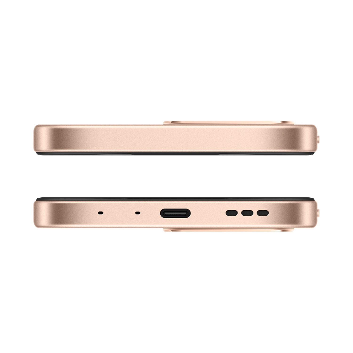 Cornice di smartphone dorata con porta USB-C e griglie altoparlanti.