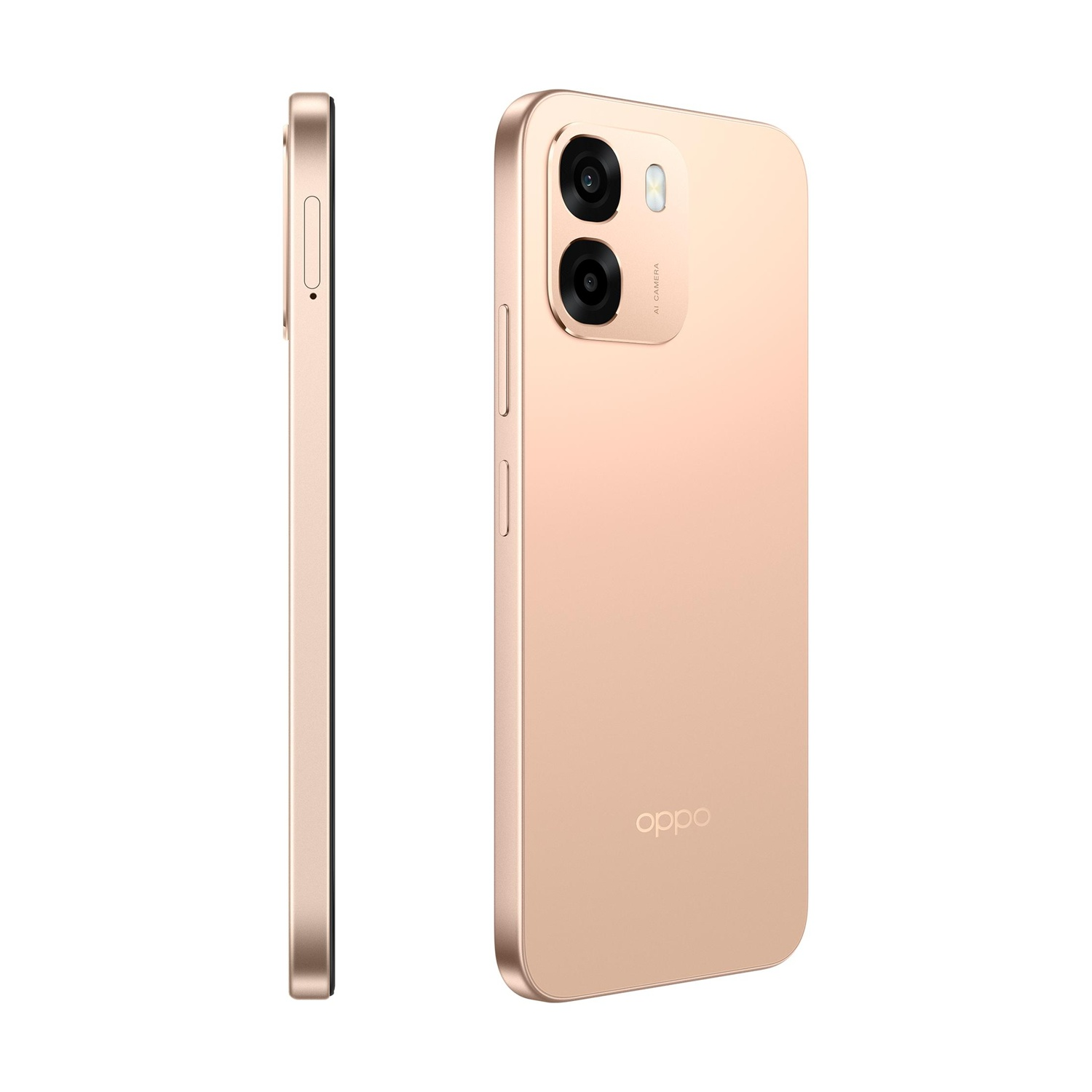 Uno smartphone oro rosa visto di lato e di dietro, con doppia fotocamera.