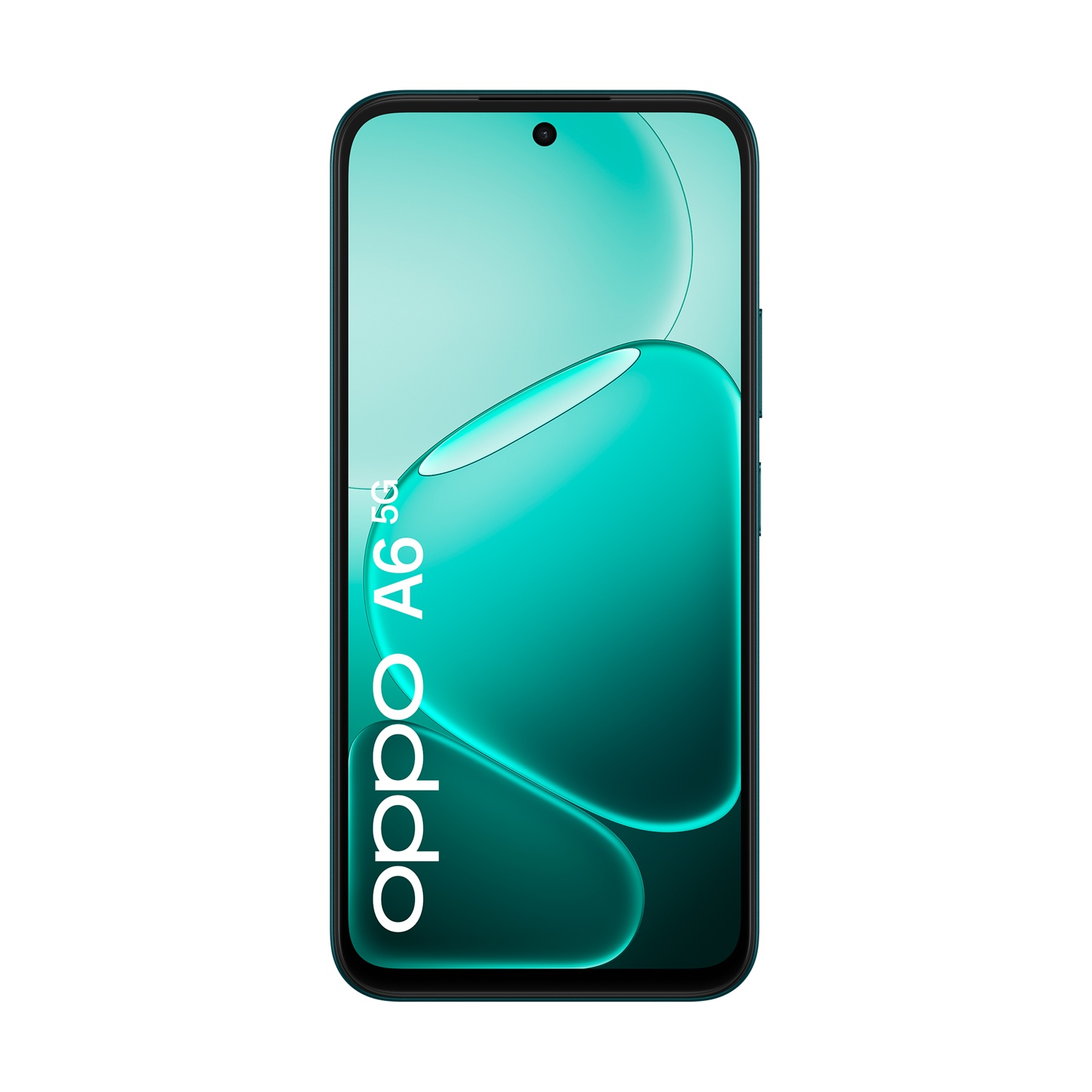 Uno smartphone Oppo A6 5G color verde acqua, visto frontalmente, con un design a onda sullo schermo.