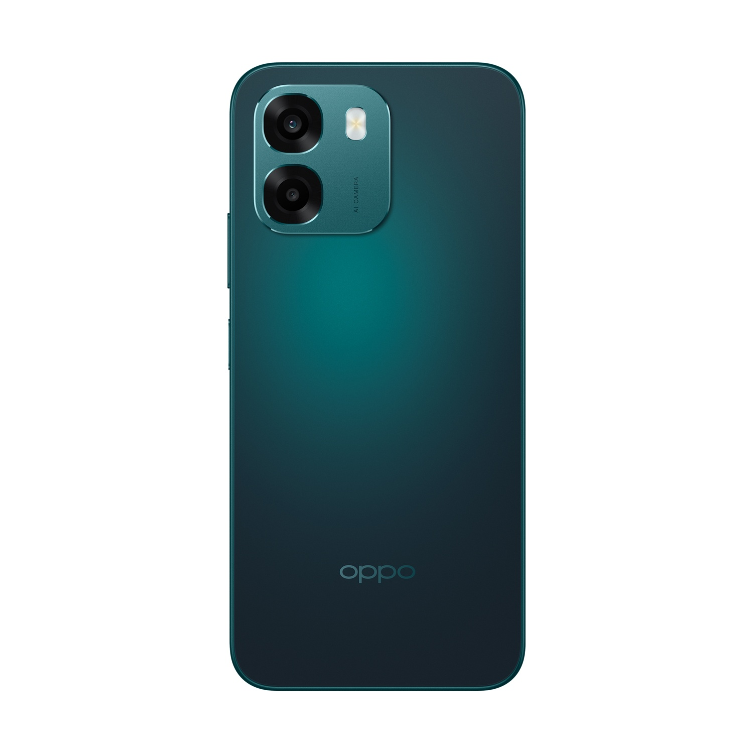 Smartphone color verde acqua sul retro con doppia fotocamera e logo Oppo.