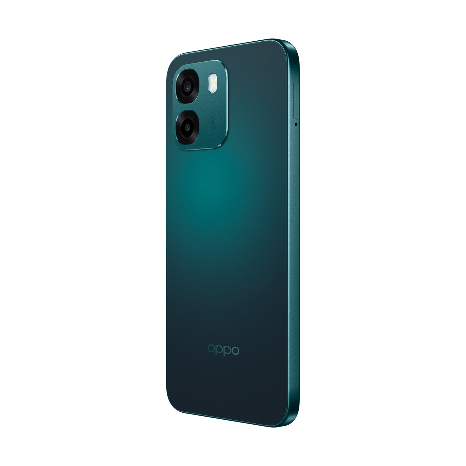 Retro di uno smartphone OPPO verde acqua con due fotocamere e logo.