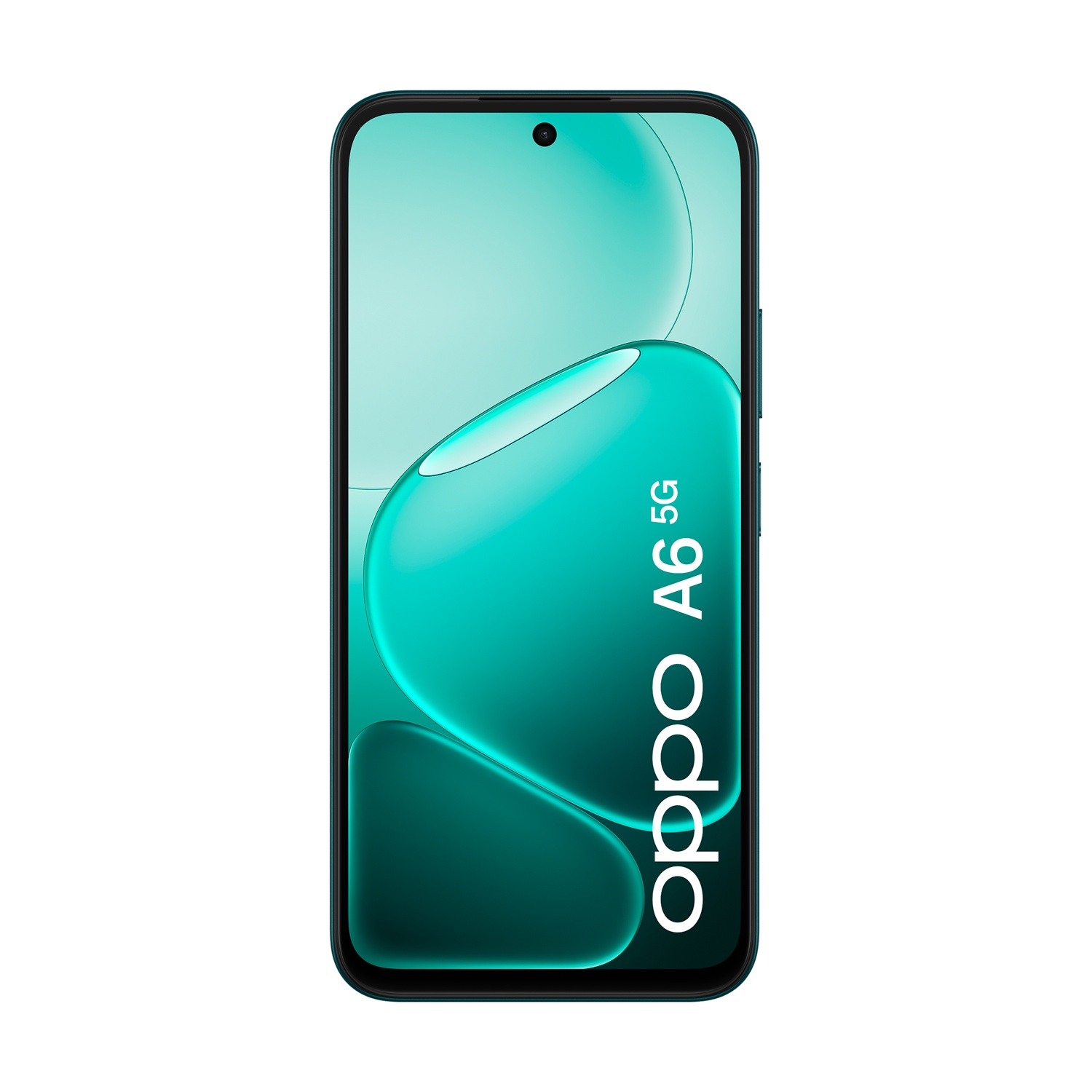 Uno smartphone OPPO A6 5G con sfondo verde acqua.
