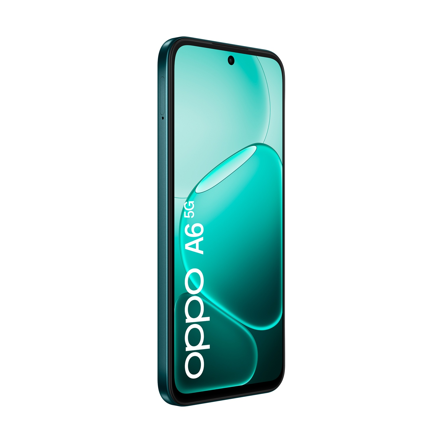 Uno smartphone Oppo A6 5G color verde acqua mostrato di lato su sfondo bianco.