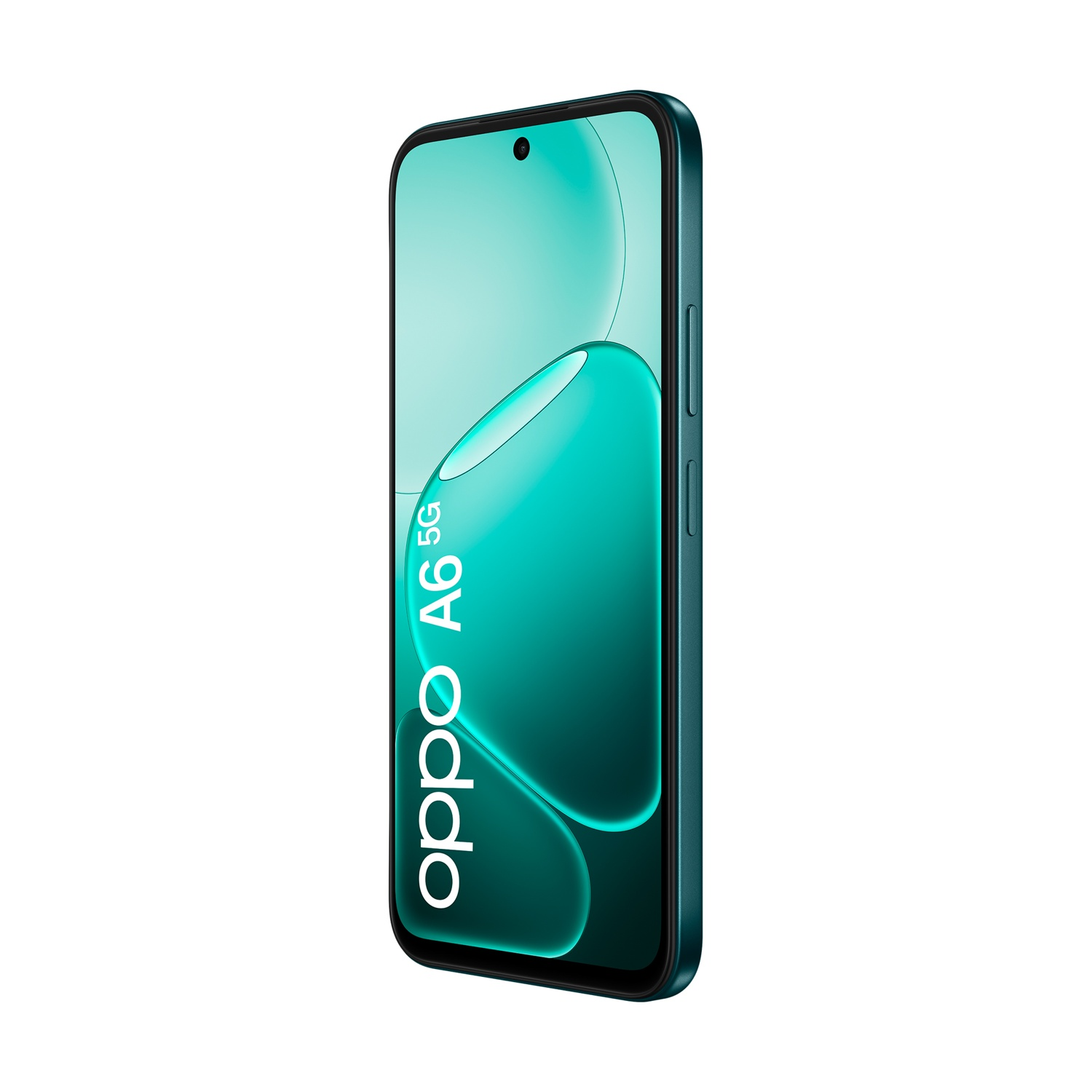 Uno smartphone Oppo A6 5G verde acqua mostrato da destra. Lo schermo è acceso.
