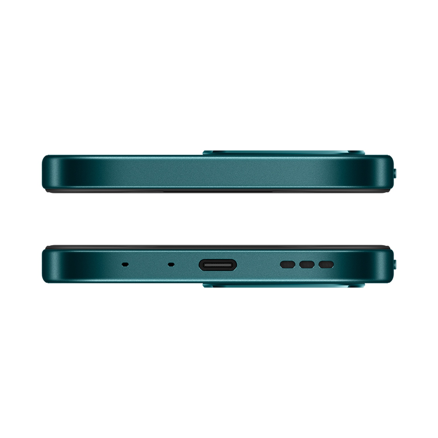 Vista superiore: smartphone verde scuro, bordo superiore con un pulsante. Inferiore: USB-C, griglie altoparlanti.