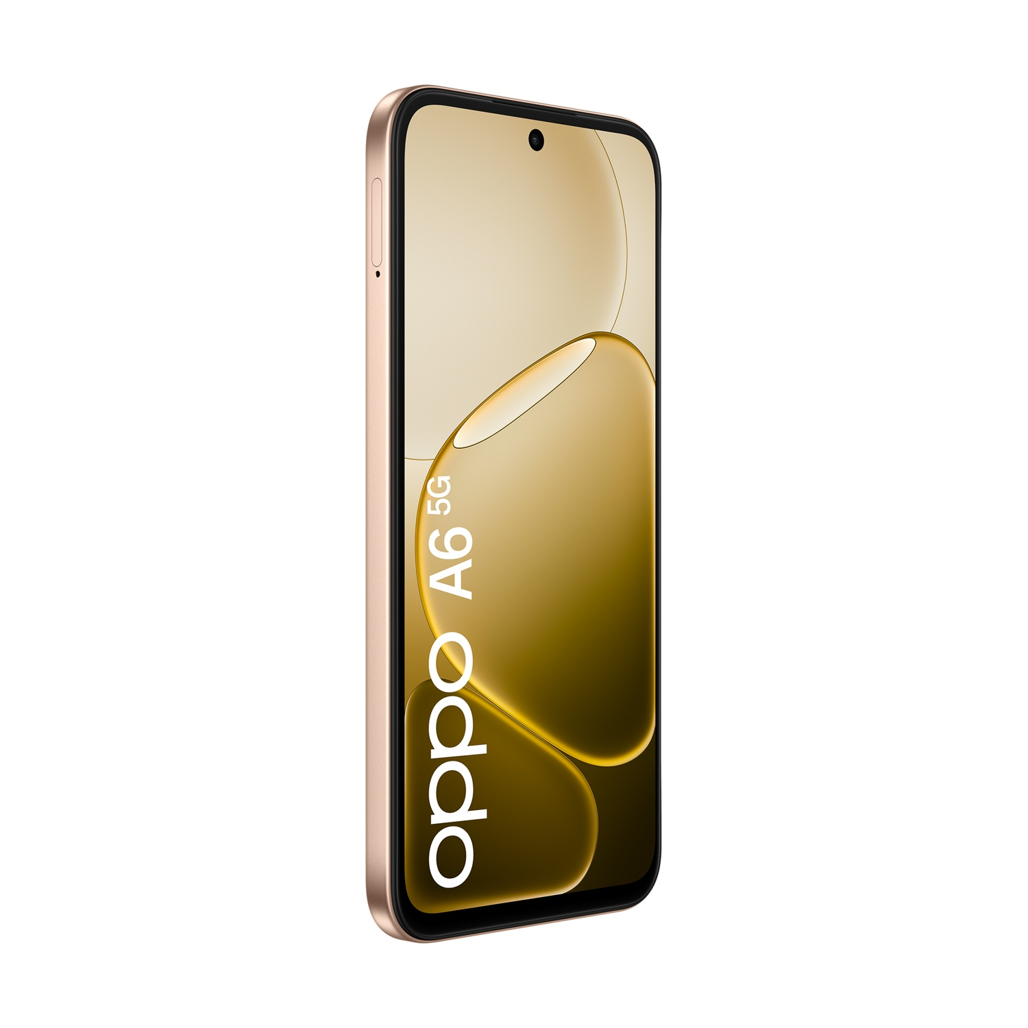 Uno smartphone Oppo A6 5G dorato con uno sfondo stilizzato.