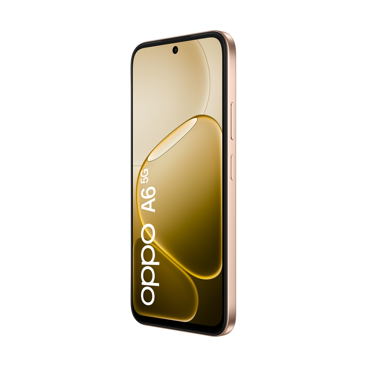 Uno smartphone OPPO A6 5G dorato con testo bianco sullo schermo.