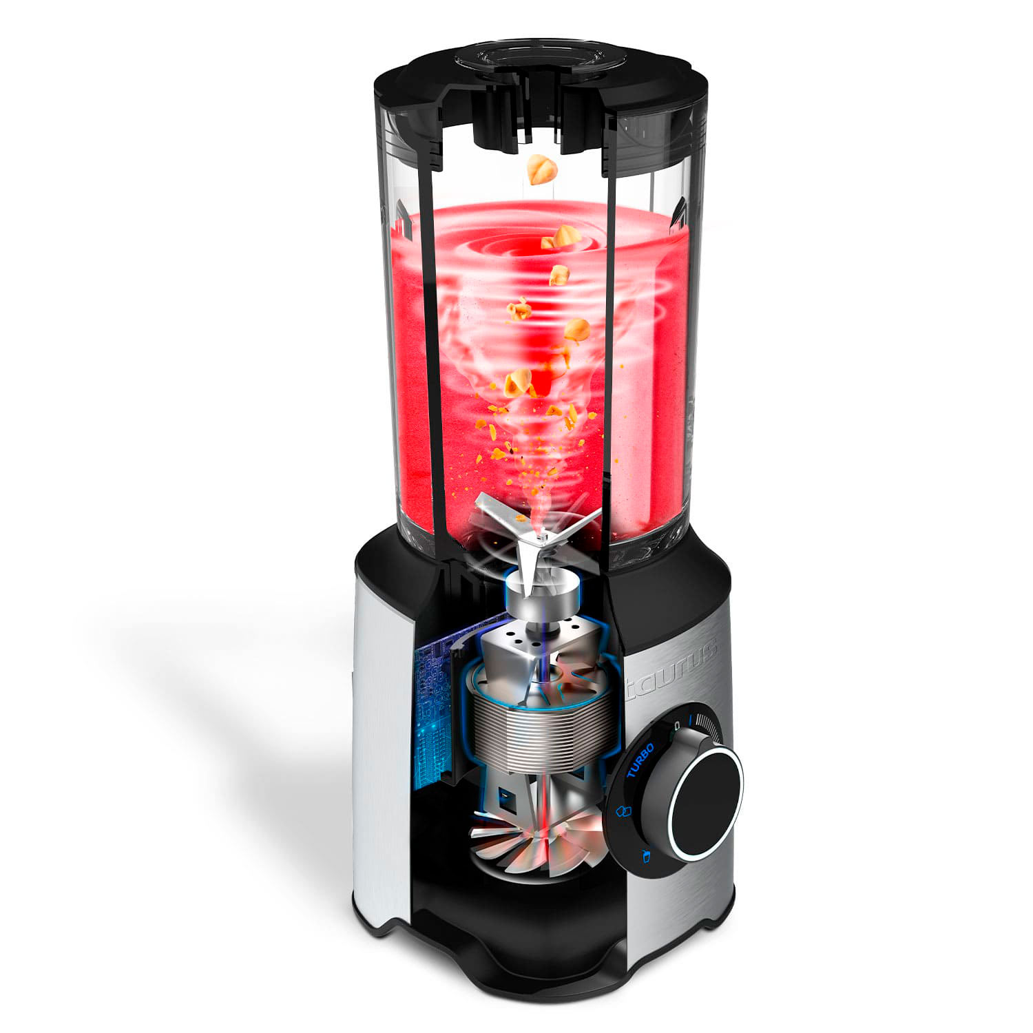 Batidora de corte transversal con jugo rojo y nueces mezclándose en un vórtice.