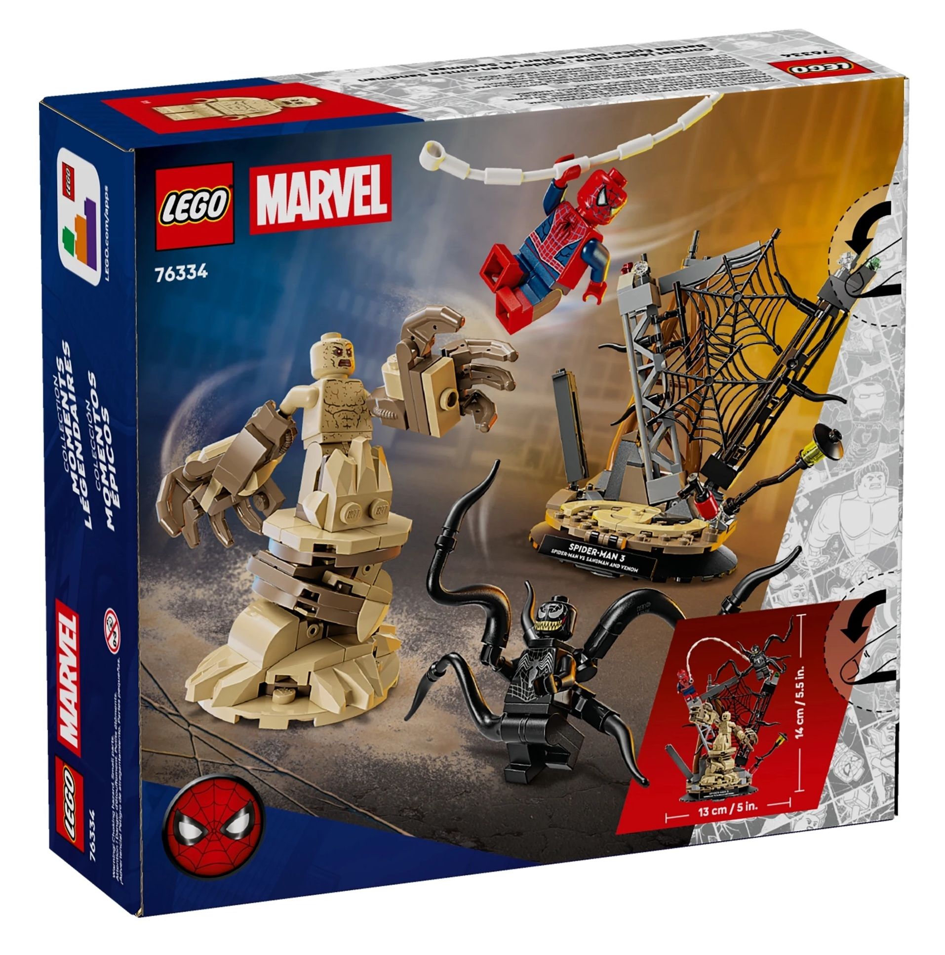 Zestaw LEGO Marvel Spider-Man 3 z figurkami Sandmana, Spider-Mana i Venoma.