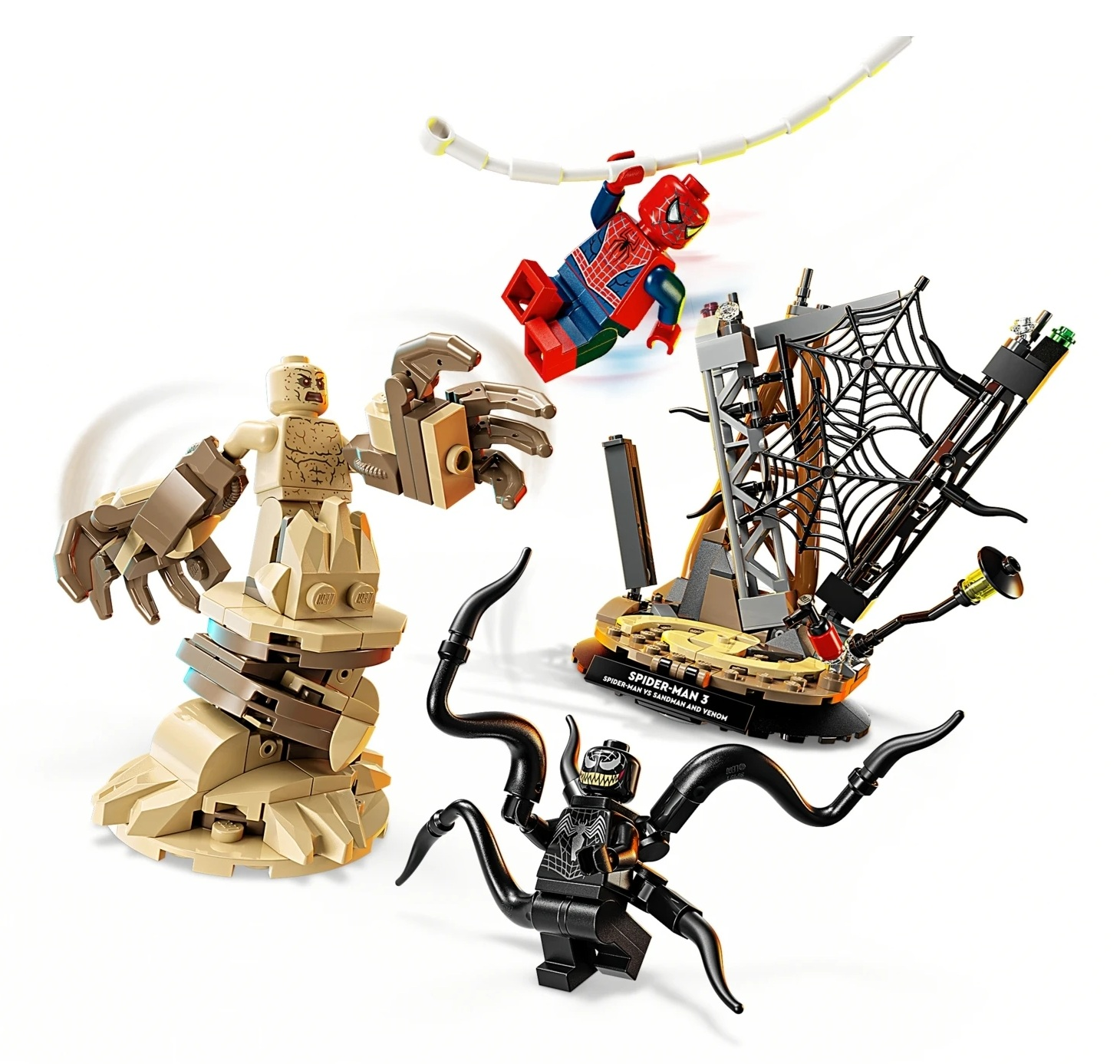 Lego Spider-Man, Sandman, Venom i konstrukcja z pajęczyny. Białe tło.