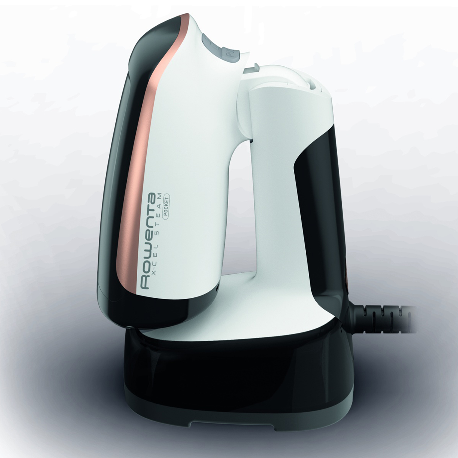 Un vaporizzatore portatile bianco e nero con accenti oro rosa su una base.