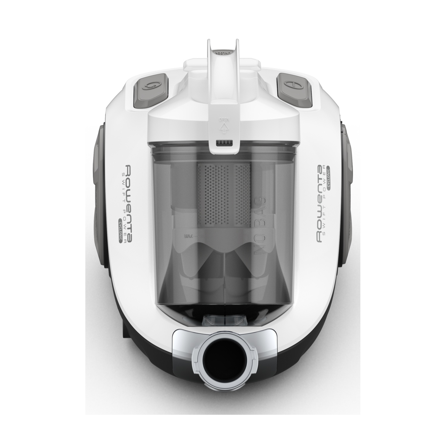 Aspirapolvere Rowenta bianco con contenitore polvere trasparente e accenti argento.