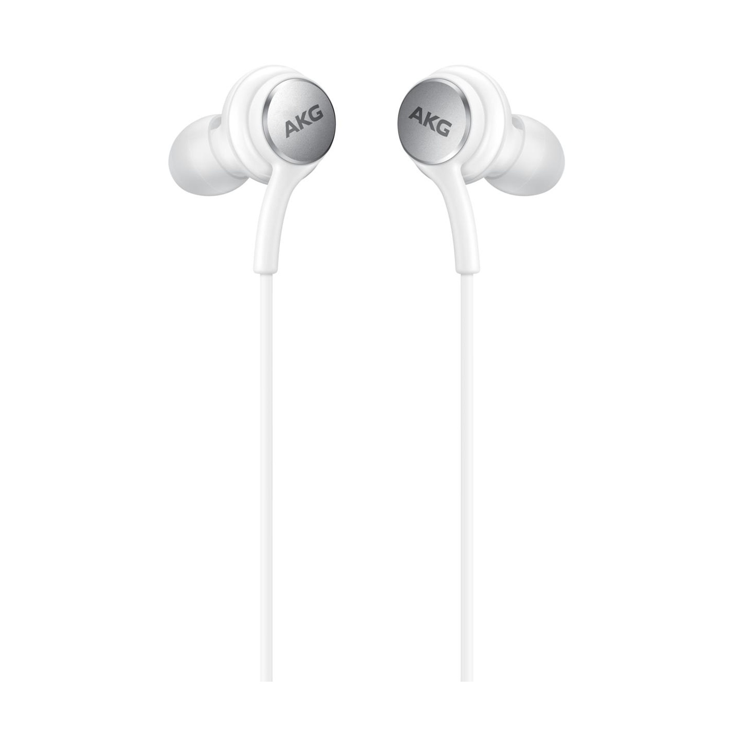 Auricolari AKG bianchi con accenti argentati su sfondo bianco.