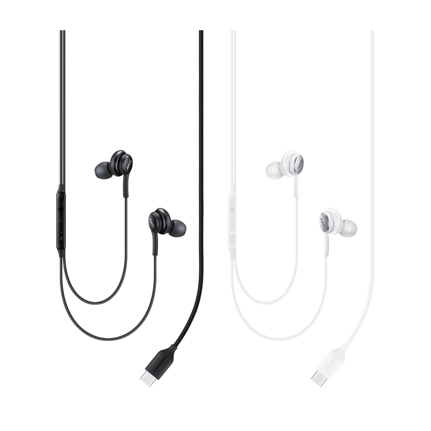 Due auricolari AKG con connettori USB-C, uno nero e uno bianco.