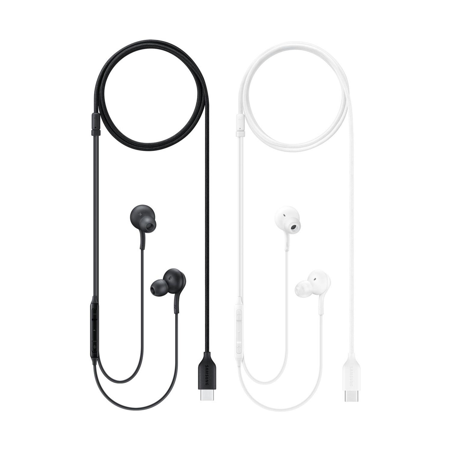Auricolari bianchi e neri con connettore USB-C, su sfondo bianco.