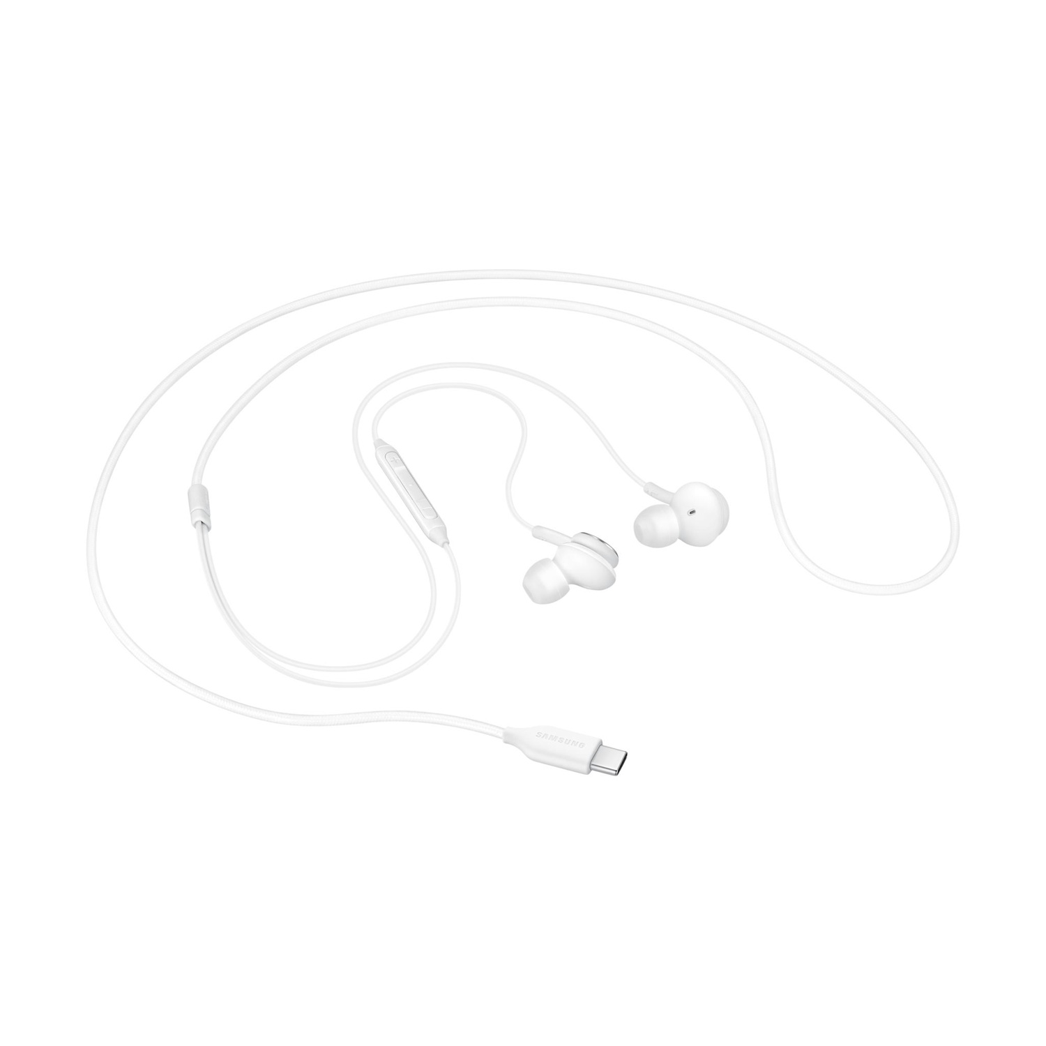 Auricolari bianchi in-ear con connettore USB-C e telecomando.