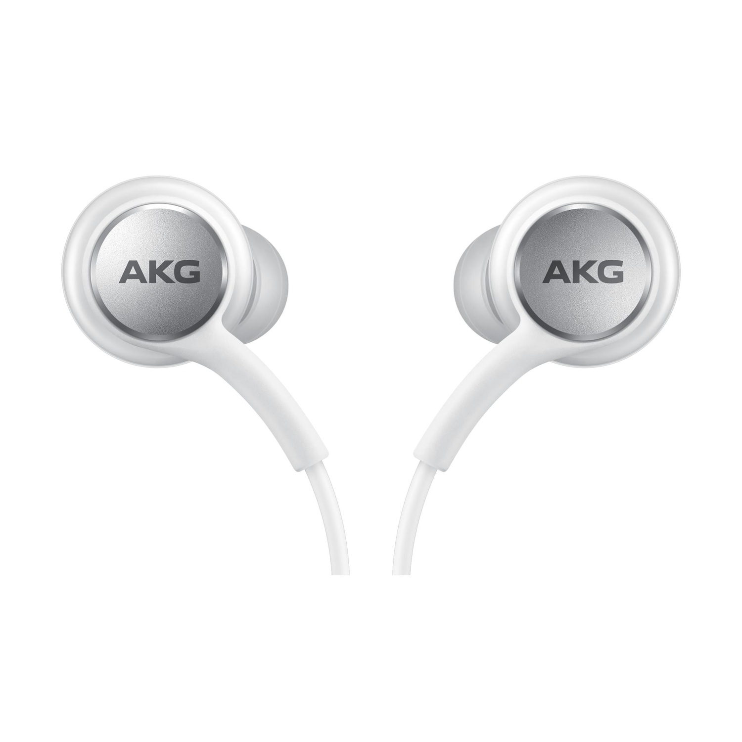 Due auricolari AKG bianchi con accenti argentati giacciono uno accanto all'altro.