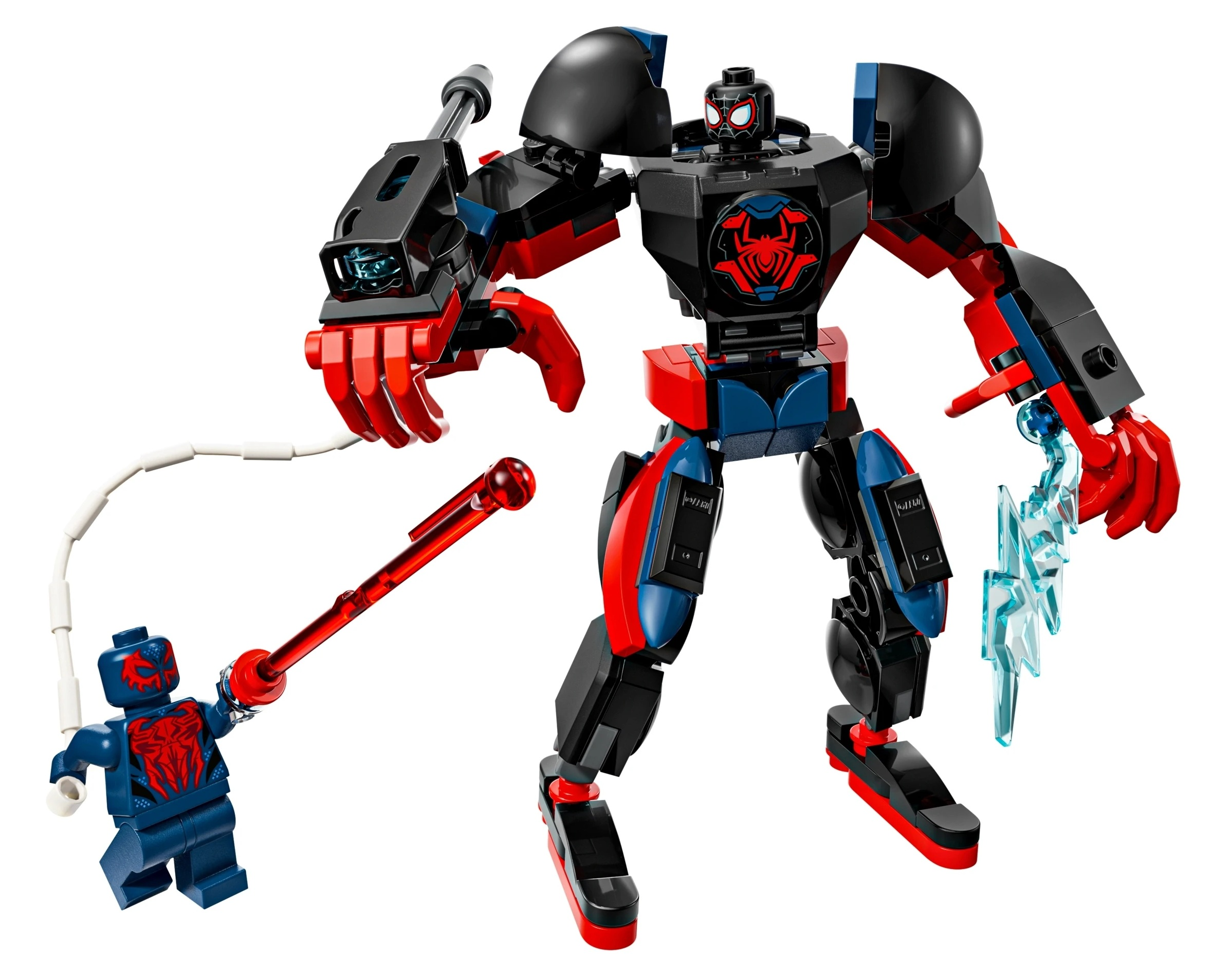 Mała niebieska minifigurka Spidermana trzyma czerwoną laskę obok dużego czarno-czerwonego mecha.