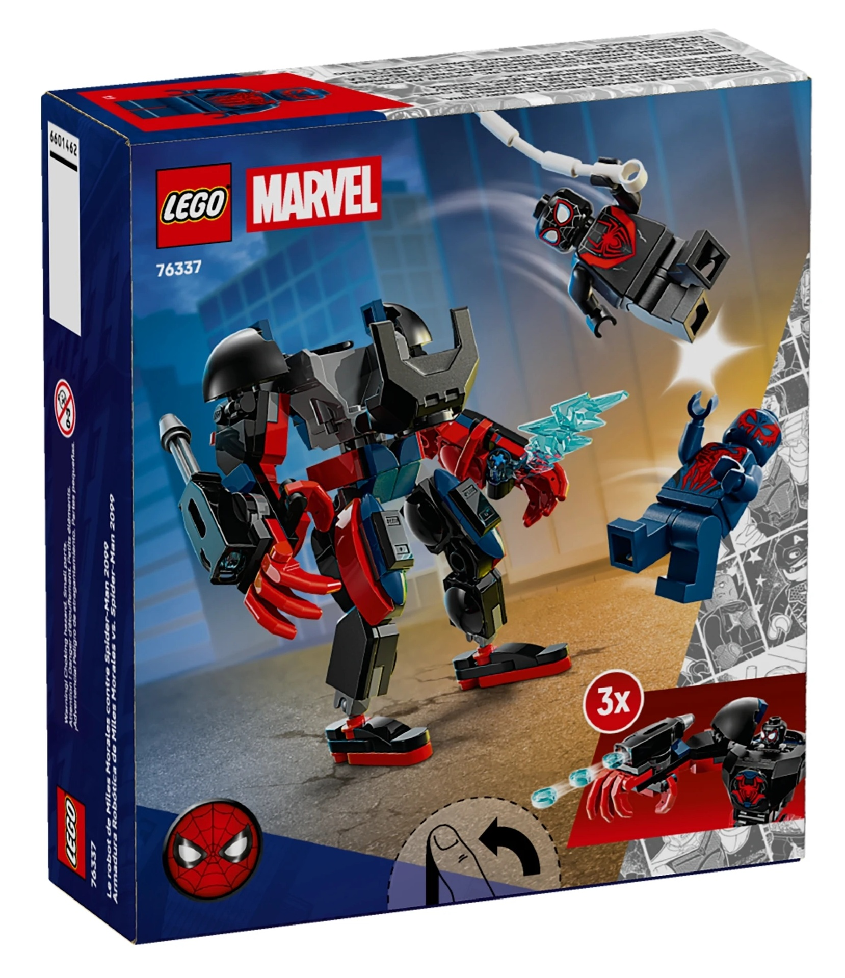 Robot LEGO Miles Morales walczy ze Spider-Manem 2099 atakami sieciowymi.