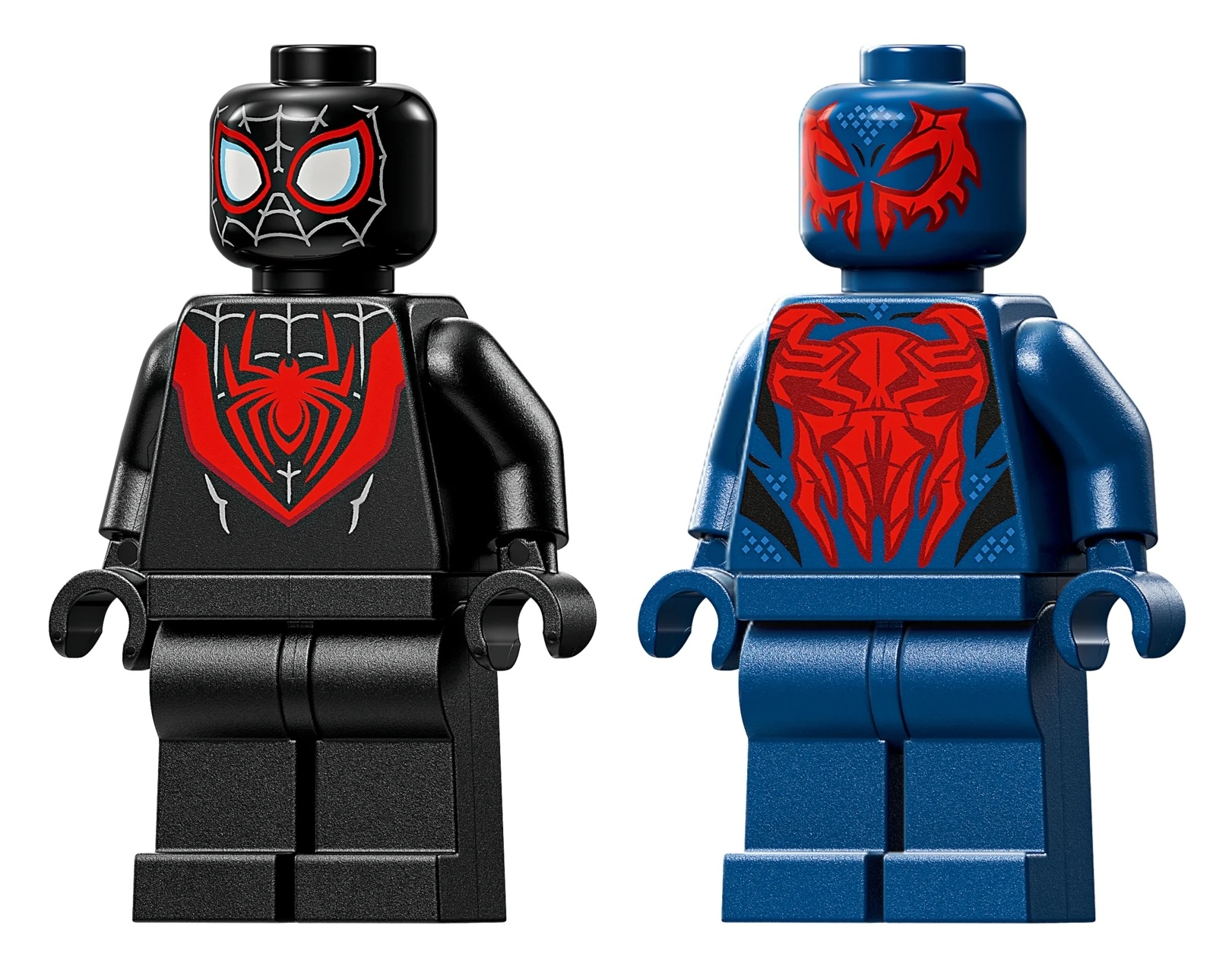 Dwie figurki Lego: czarna z czerwonym logo pająka, niebieska z czerwonym wzorem.