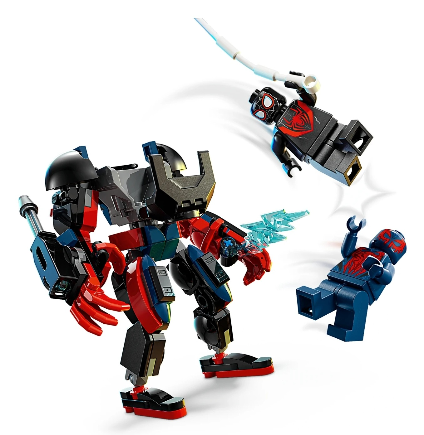 Niebieski i czerwony kombinezon mecha z czarnymi minifigurkami Spidermana zbliżającymi się do niego.