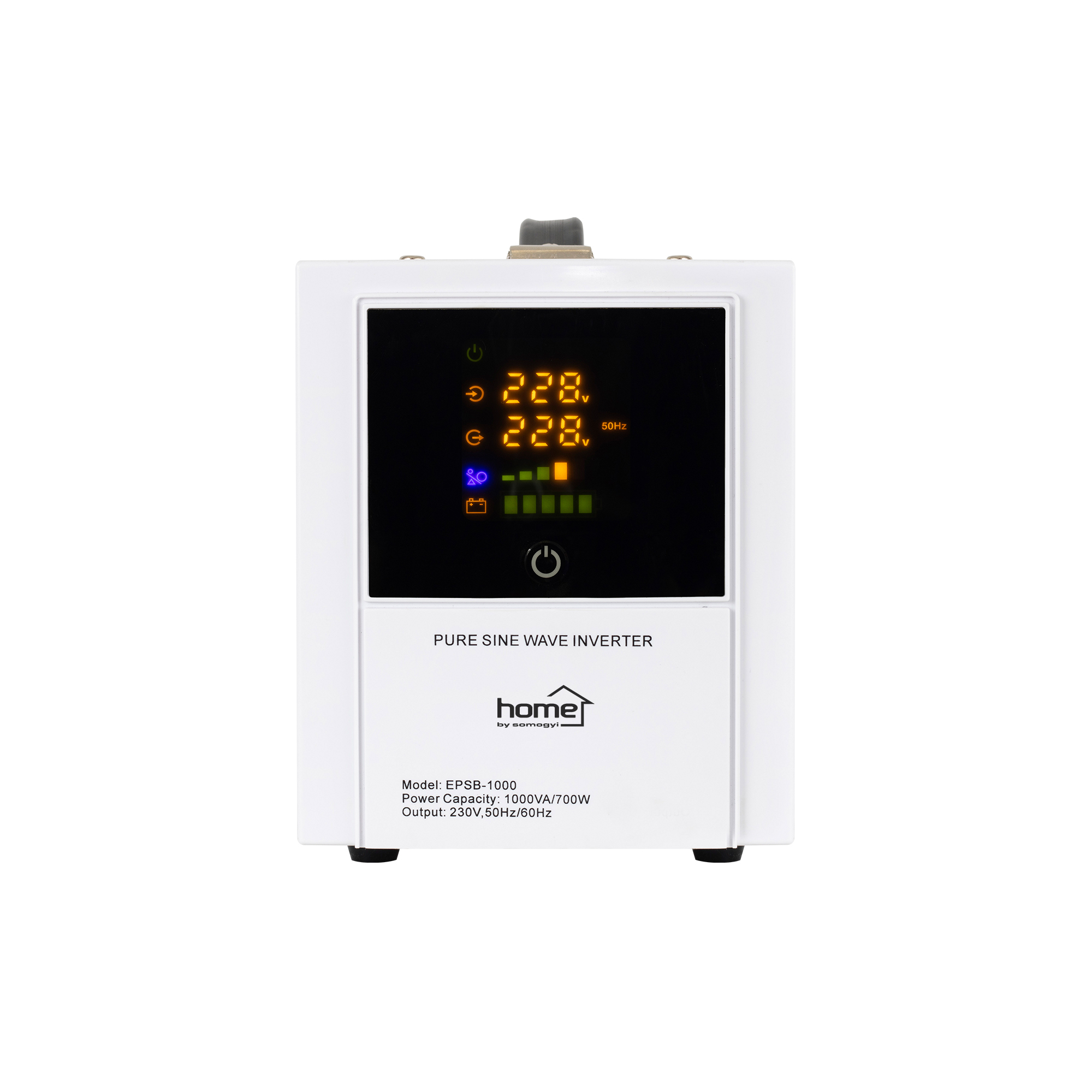 Fehér tiszta szinuszos inverter digitális kijelzővel, 228V és 50Hz értékekkel.