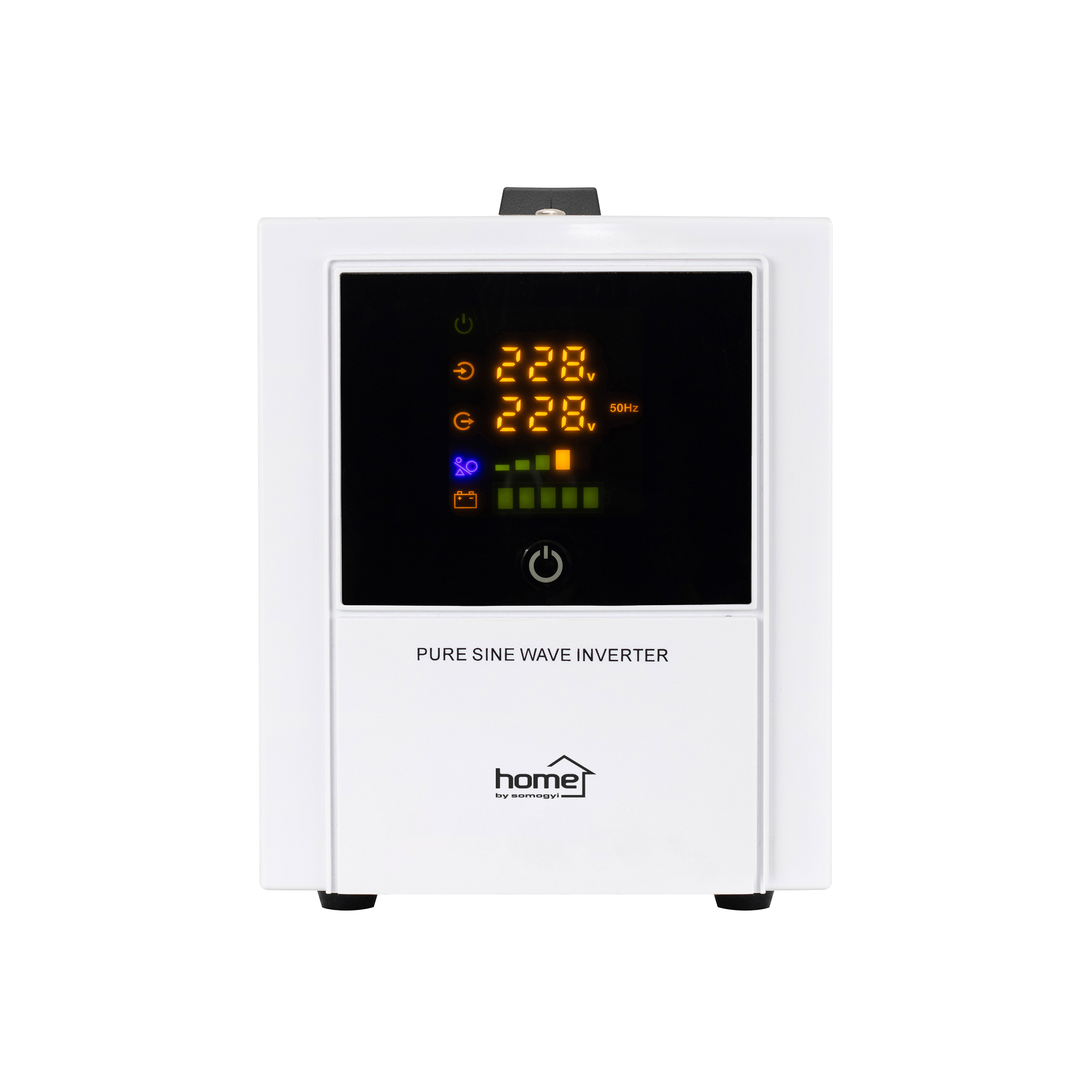 Fehér inverter kijelzőn 228V, 50Hz, akkumulátor állapot és bekapcsolás ikon látható.