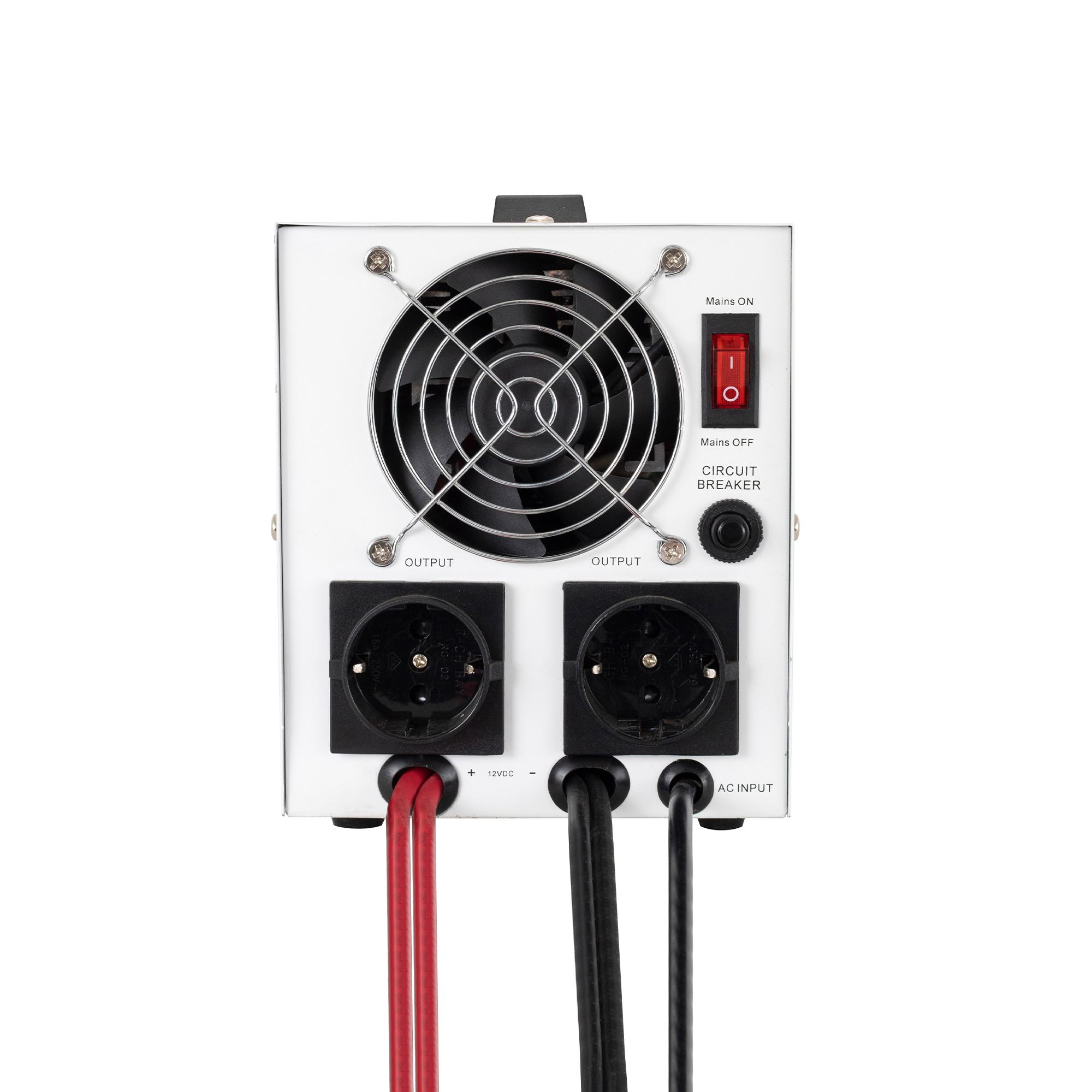 Egy eszköz hátoldala ventilátorral, kapcsolóval, konnektorokkal és kábelekkel.
