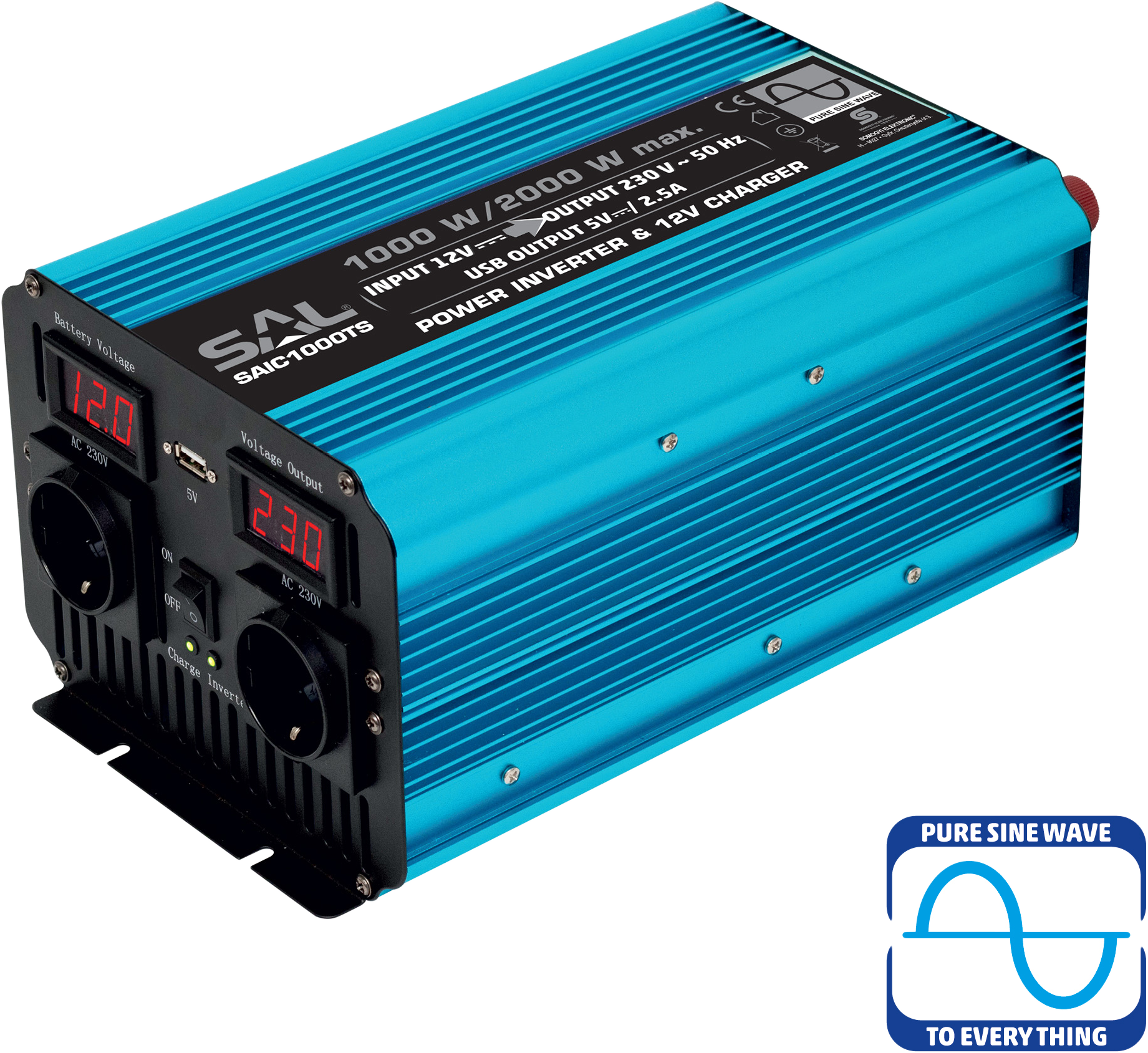 SAL 12V DC inverter, max. 1000W, tiszta szinusz kimenet, szünetmentes funkció (SAIC1000TS)